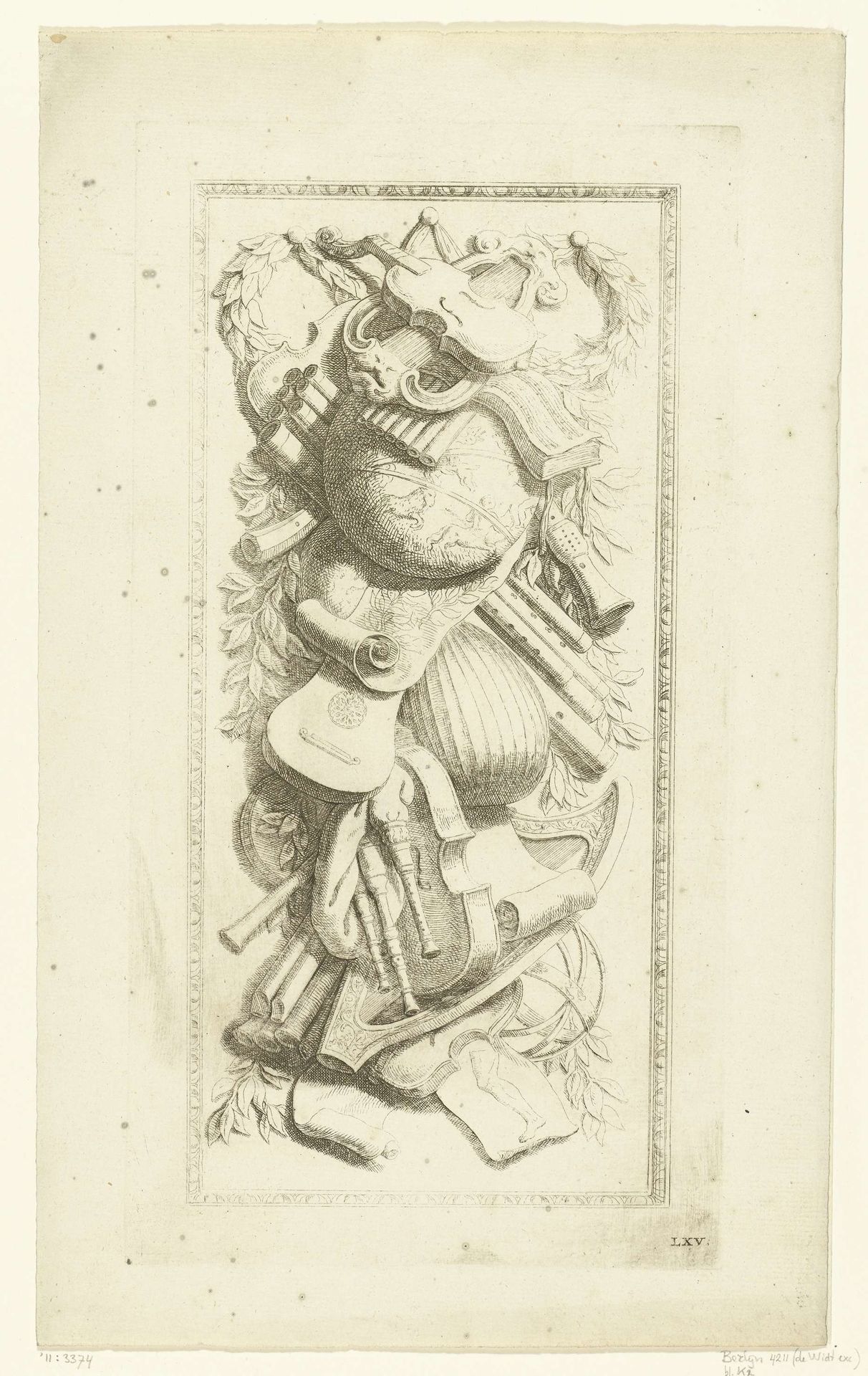 Trofee met muziekinstrumenten in eierlijst by Hubert Quellinus