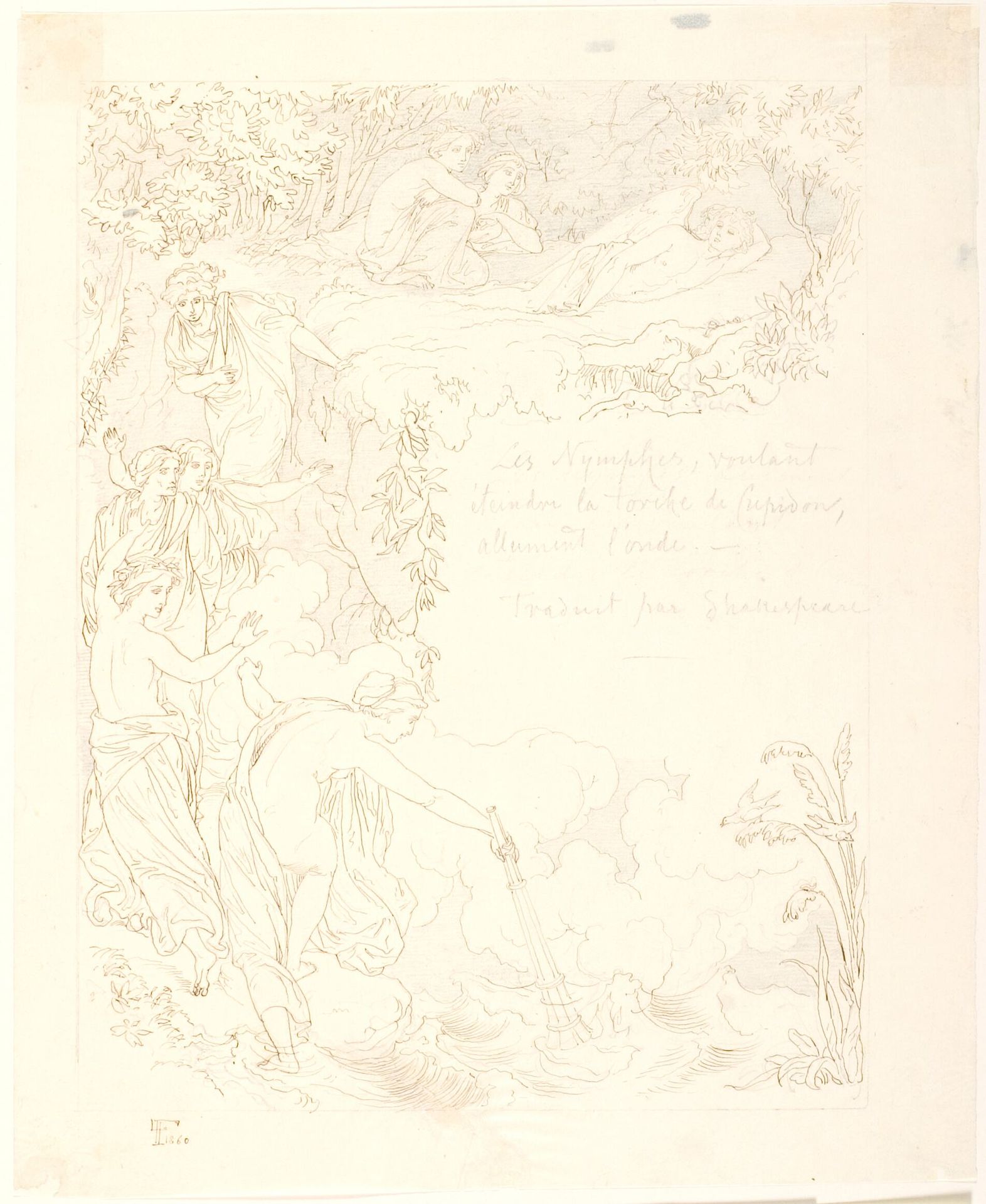 Nymferne finder Eros' sovende og forsøger at slukke Eros' fakkel by Lorenz Frølich