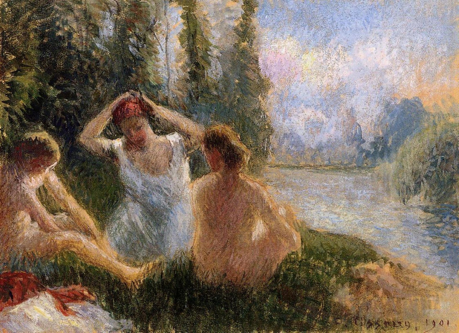 Bathers Seated on the Banks of a River by Camille Pissarro