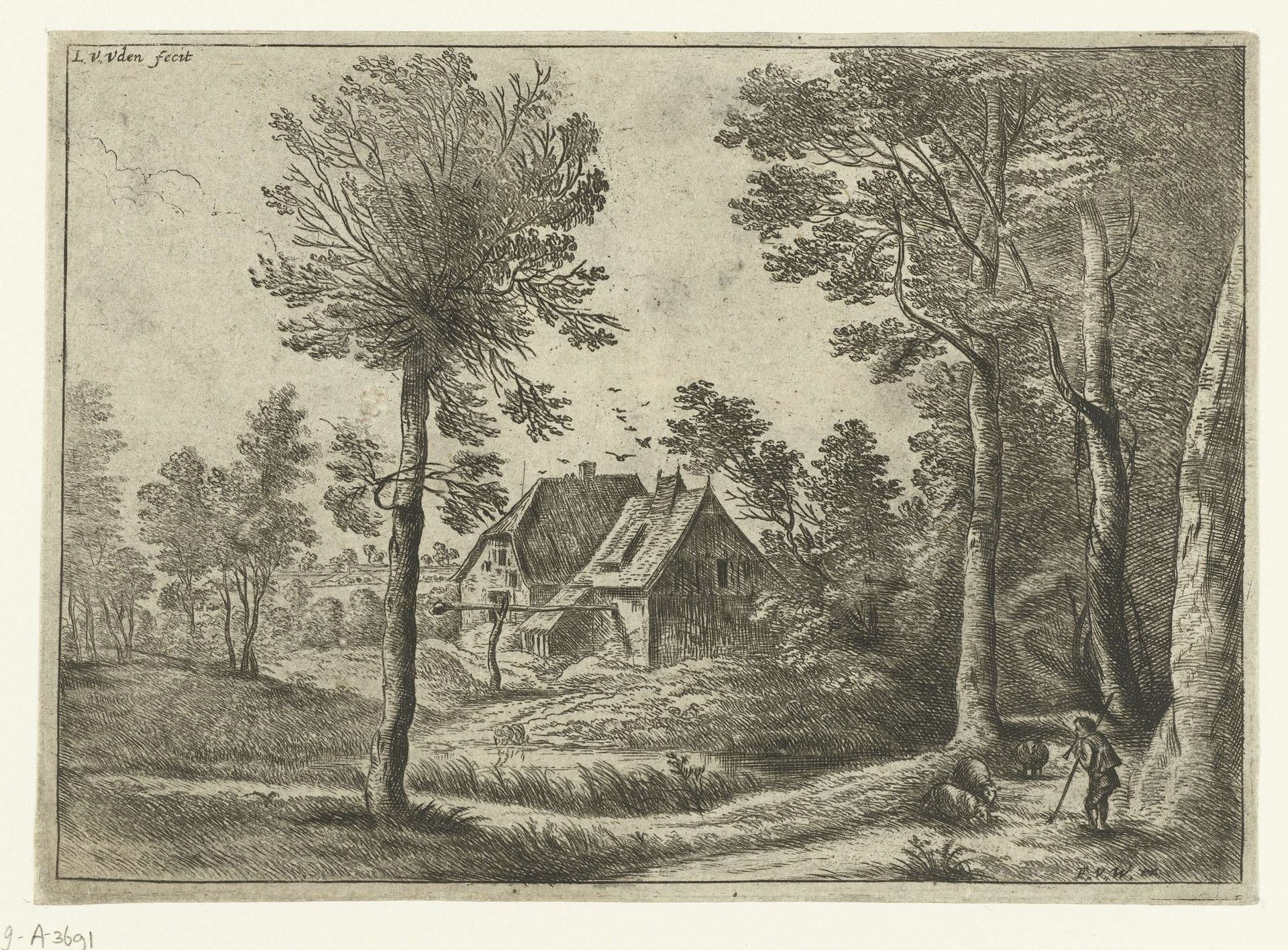 Landschap met een schalmeispelende herder bij een boerderij by Lucas van Uden