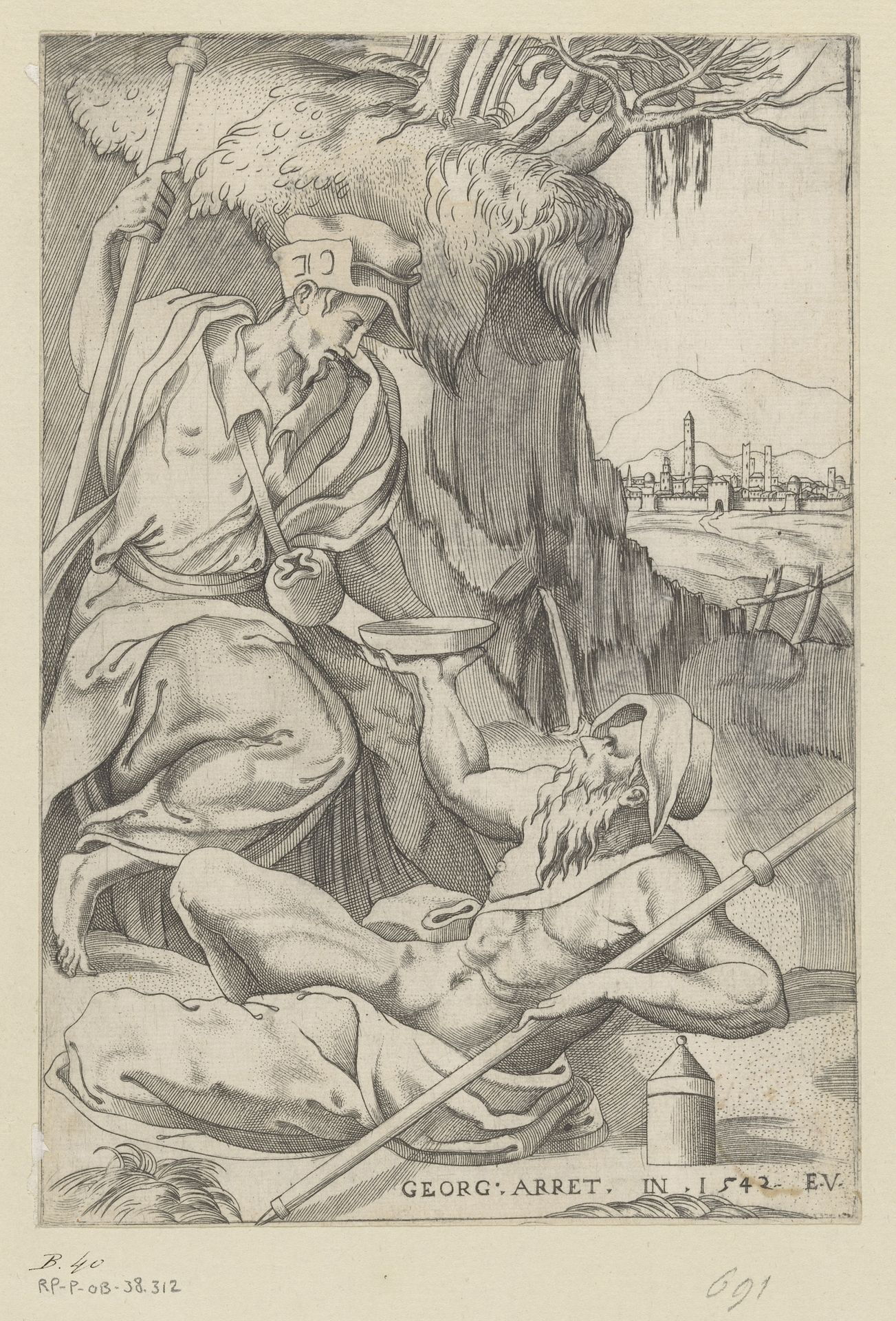 Twee pelgrims in een landschap by Enea Vico