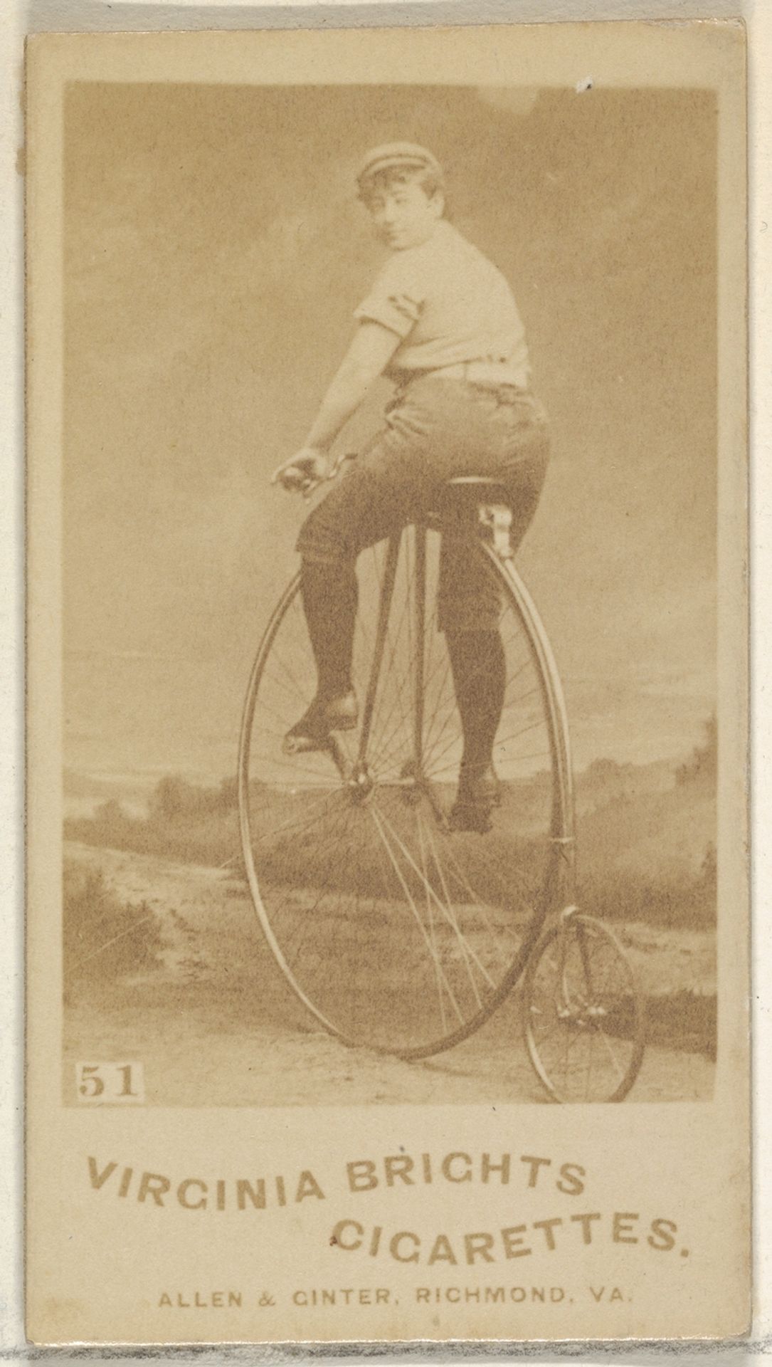 Card 51, from the Girl Cyclists series (N49) for Virginia Brights Cigarettes by Allen & Ginter