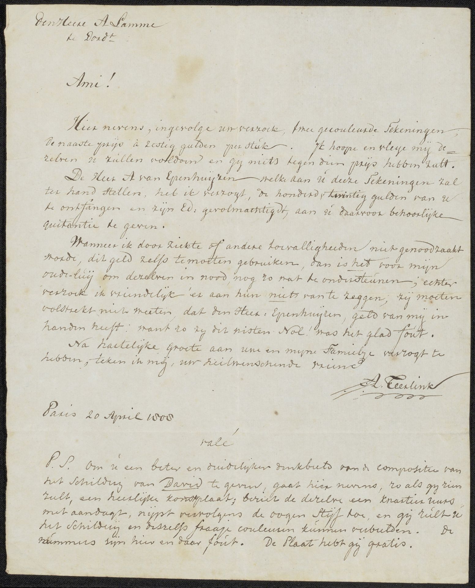 Brief aan Arnoldus Lamme by Abraham Teerlink