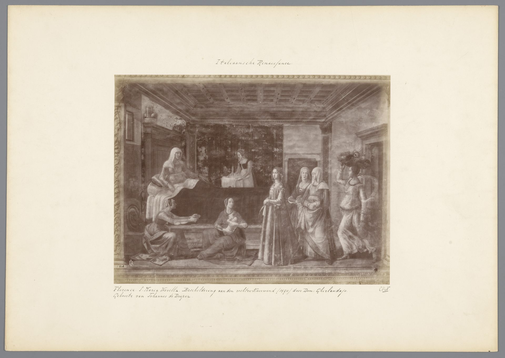 Fotoreproductie van een fresco in de Santa Maria Novella te Florence door Domenico Ghirlandaio, voorstellend de geboorte van Johannes de Doper by Anonymous