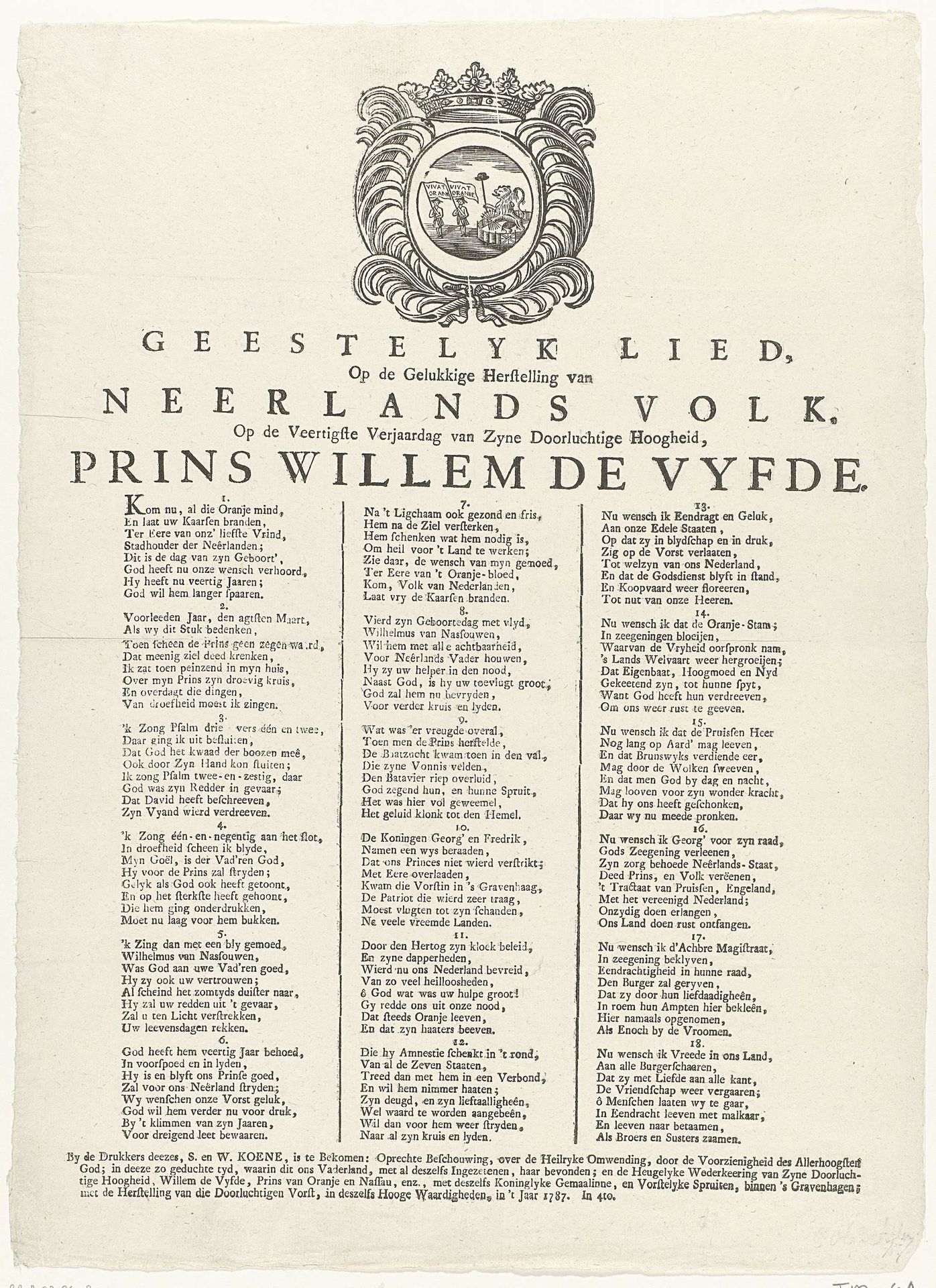 Lied op de veertigste verjaardag van prins Willem V, 1788 by S. & W. Koene
