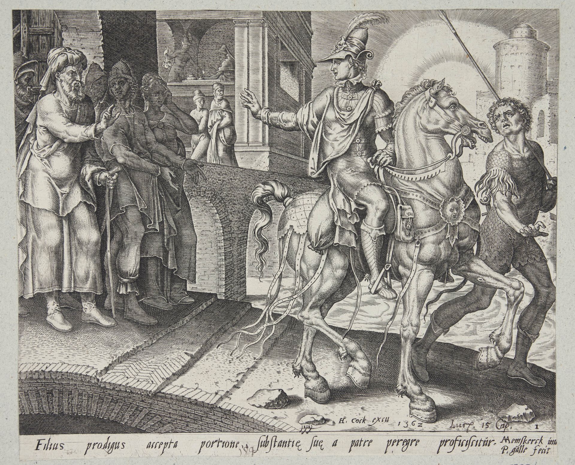 The prodigal son leaving his father's house by Philips Galle