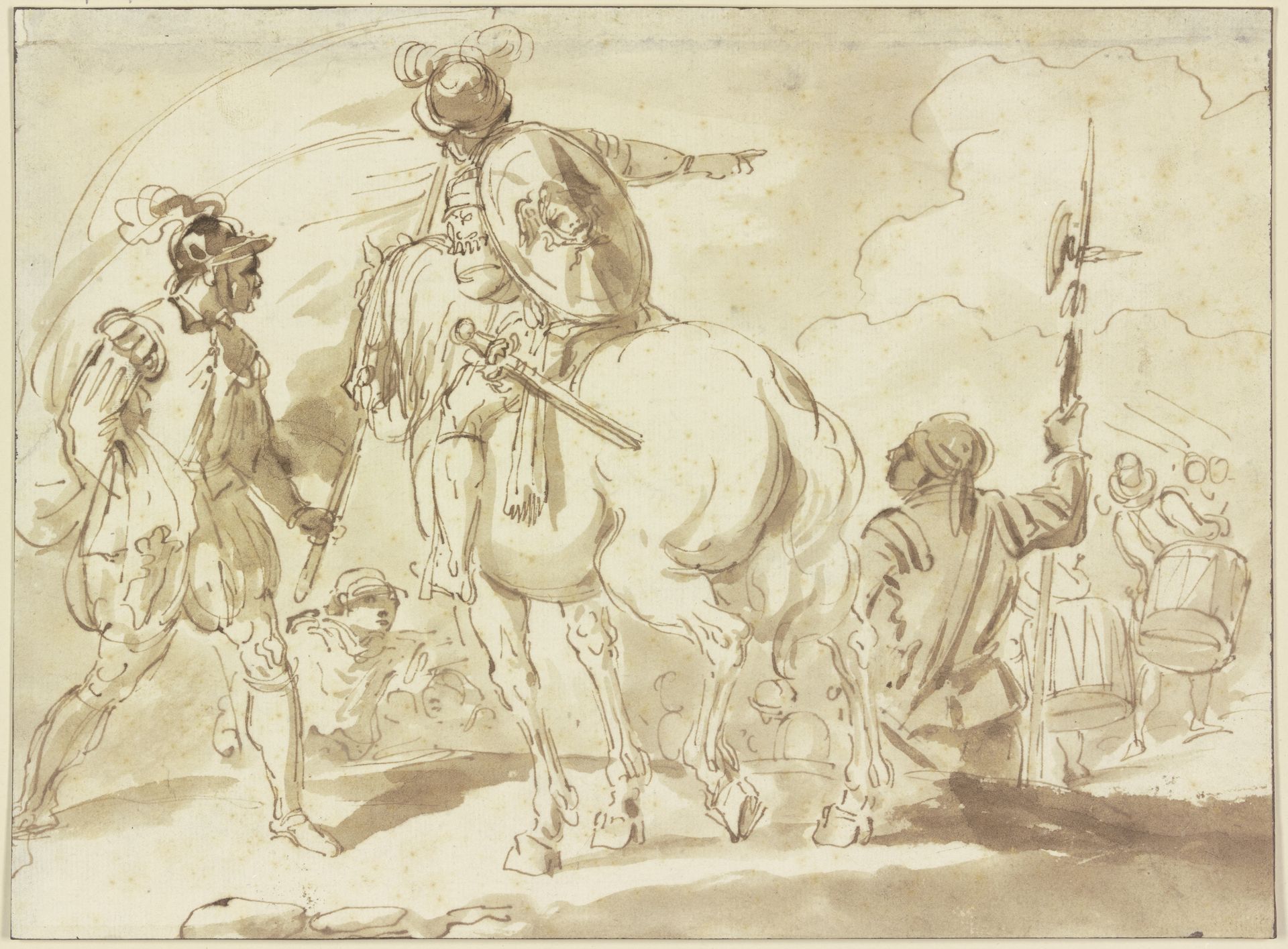 Ein Fahnenträger, ein Reiter und ein Helebardier, in der Ferne zwei Trommler by Pietro Palmieri the Elder