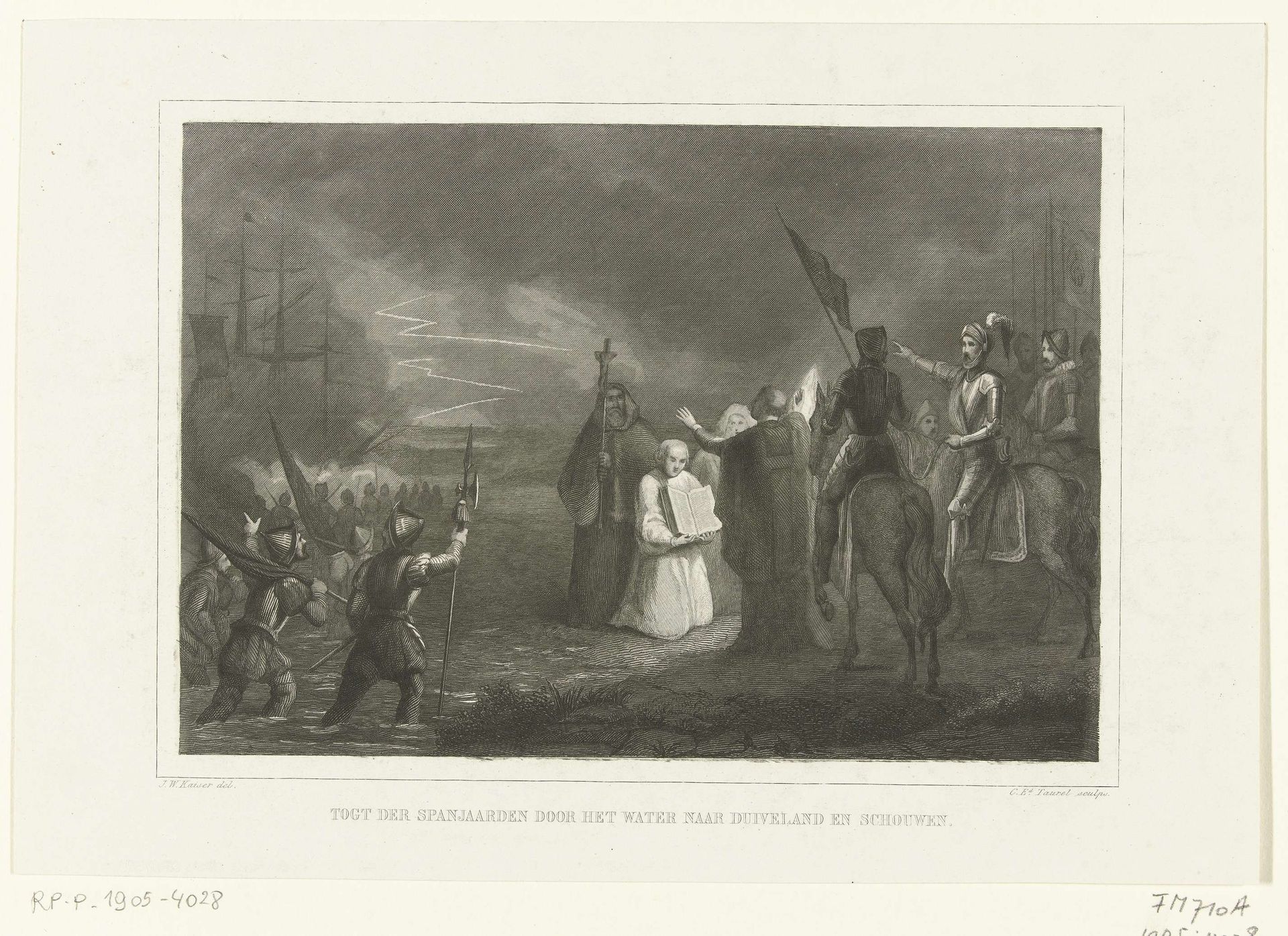 Nachtelijk tocht van Spaanse soldaten door het water naar Duiveland, 1575 by Edouard Taurel