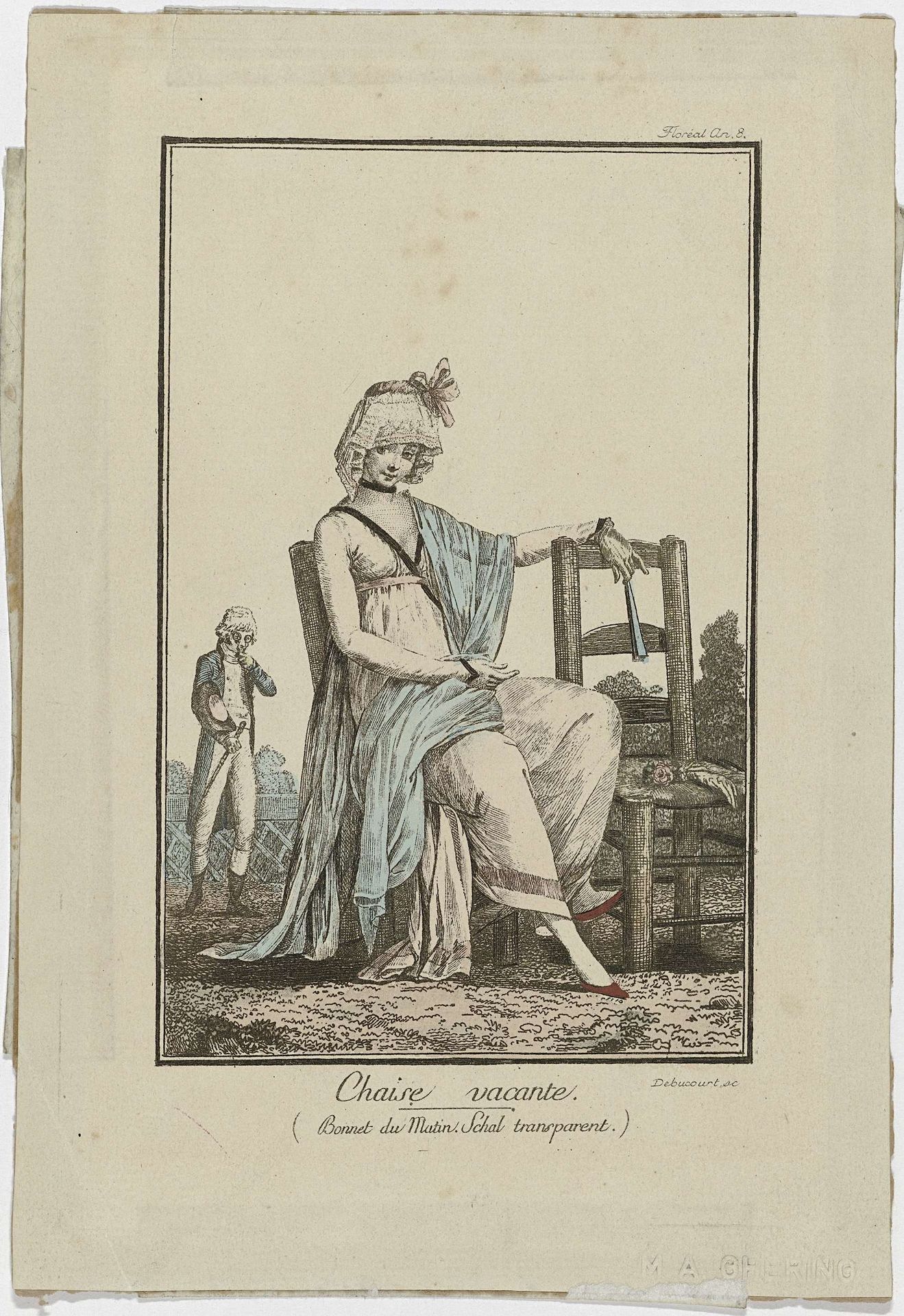 Modes et Manières du Jour, 1800-1801, latere druk van No: 4: Chaise vacant (...) by Louis Philibert Debucourt