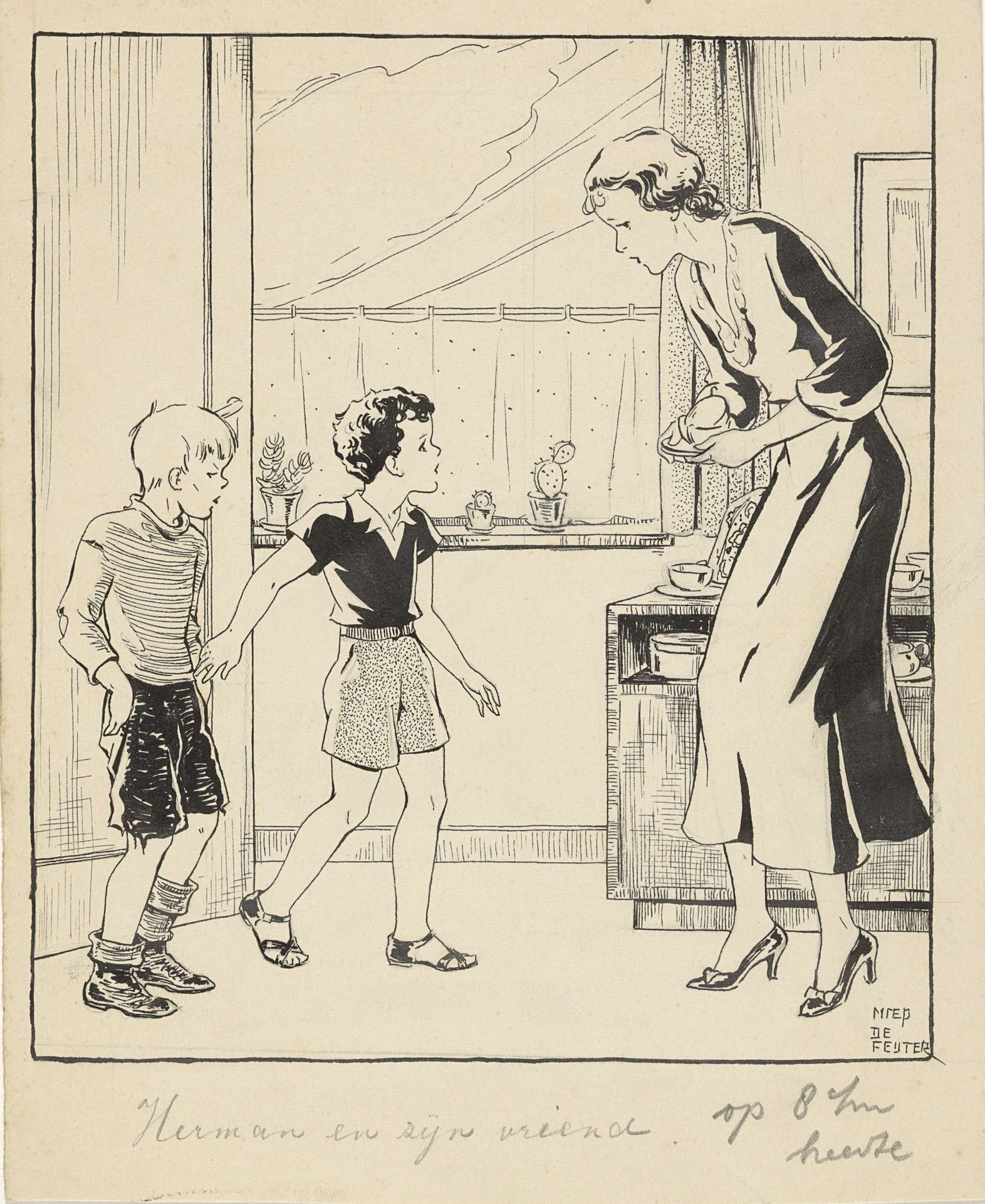 Interieur met twee jongens en een vrouw by Miep de Feijter
