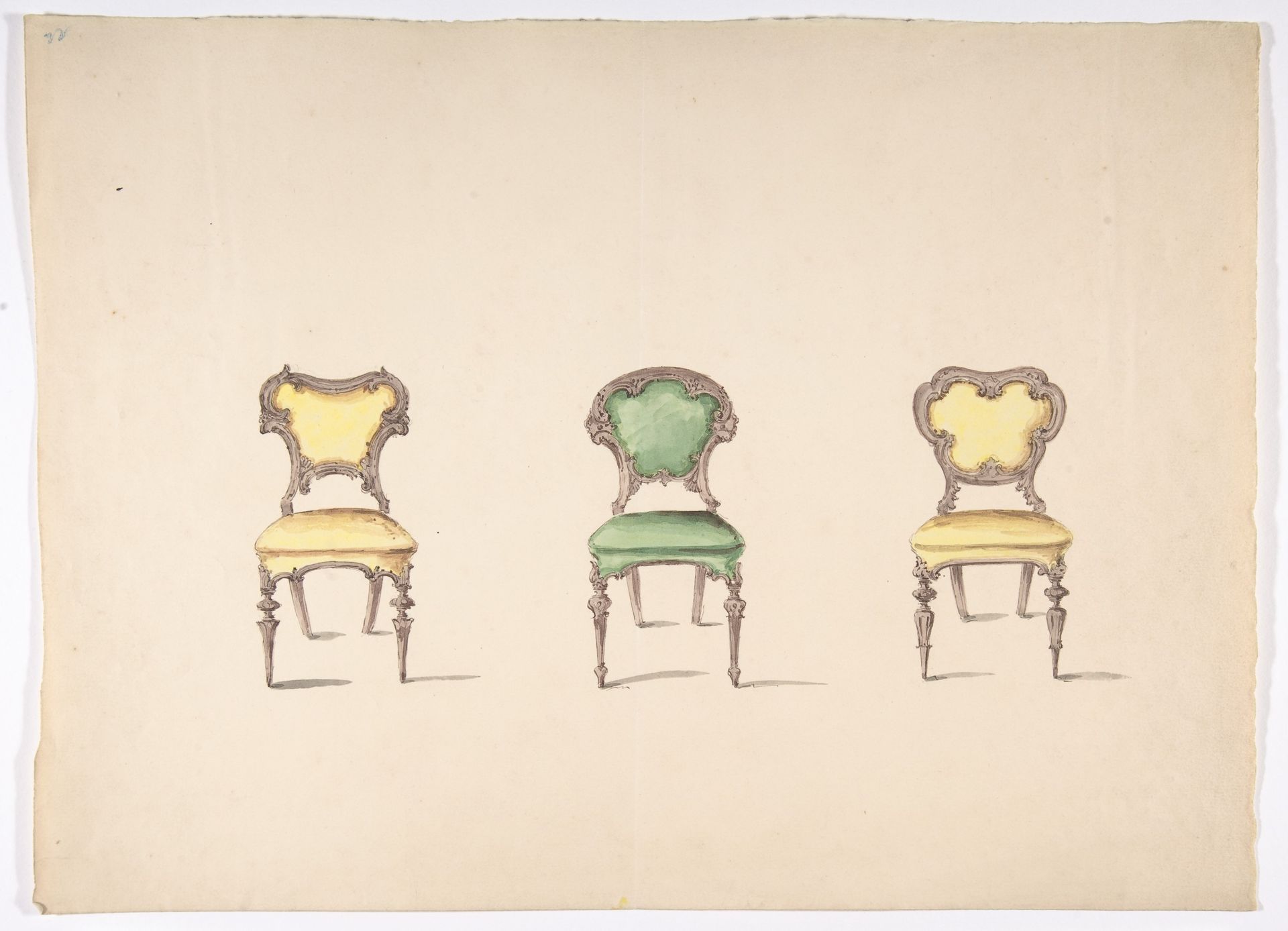 Design for Three Chairs Upholstered in Green and Yellow by Anonymous