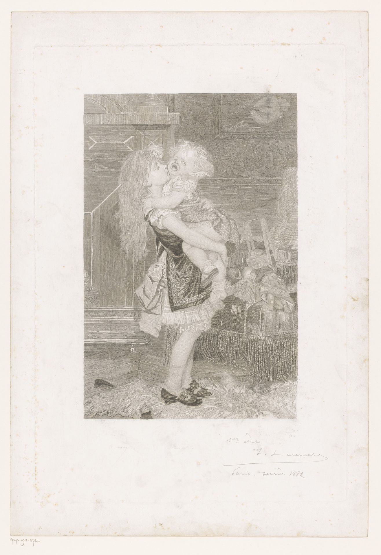 Meisje met een huilende peuter in haar armen by Frans Lauwers