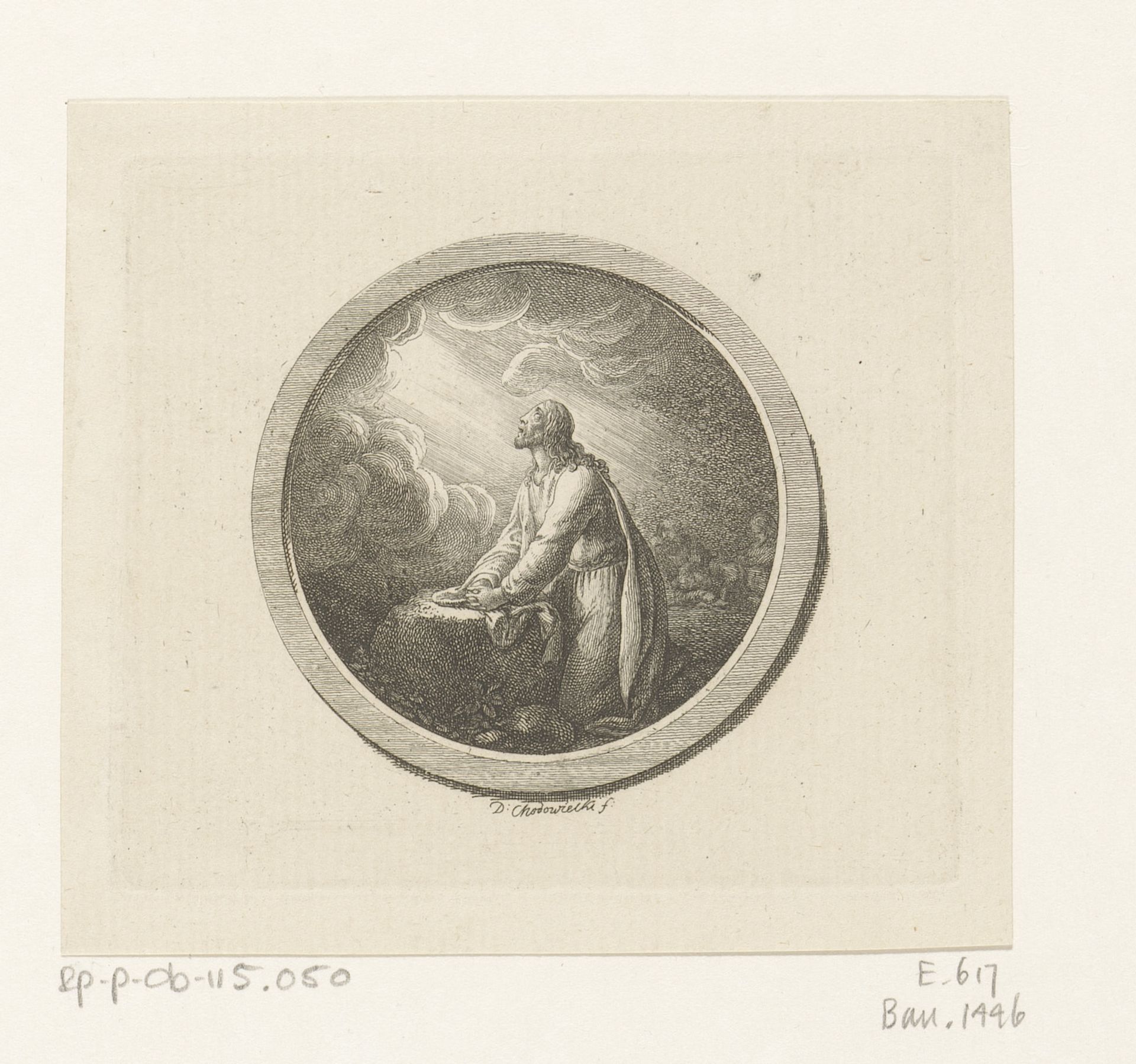 Christus knielend voor een openbrekende hemel by Daniel Nikolaus Chodowiecki