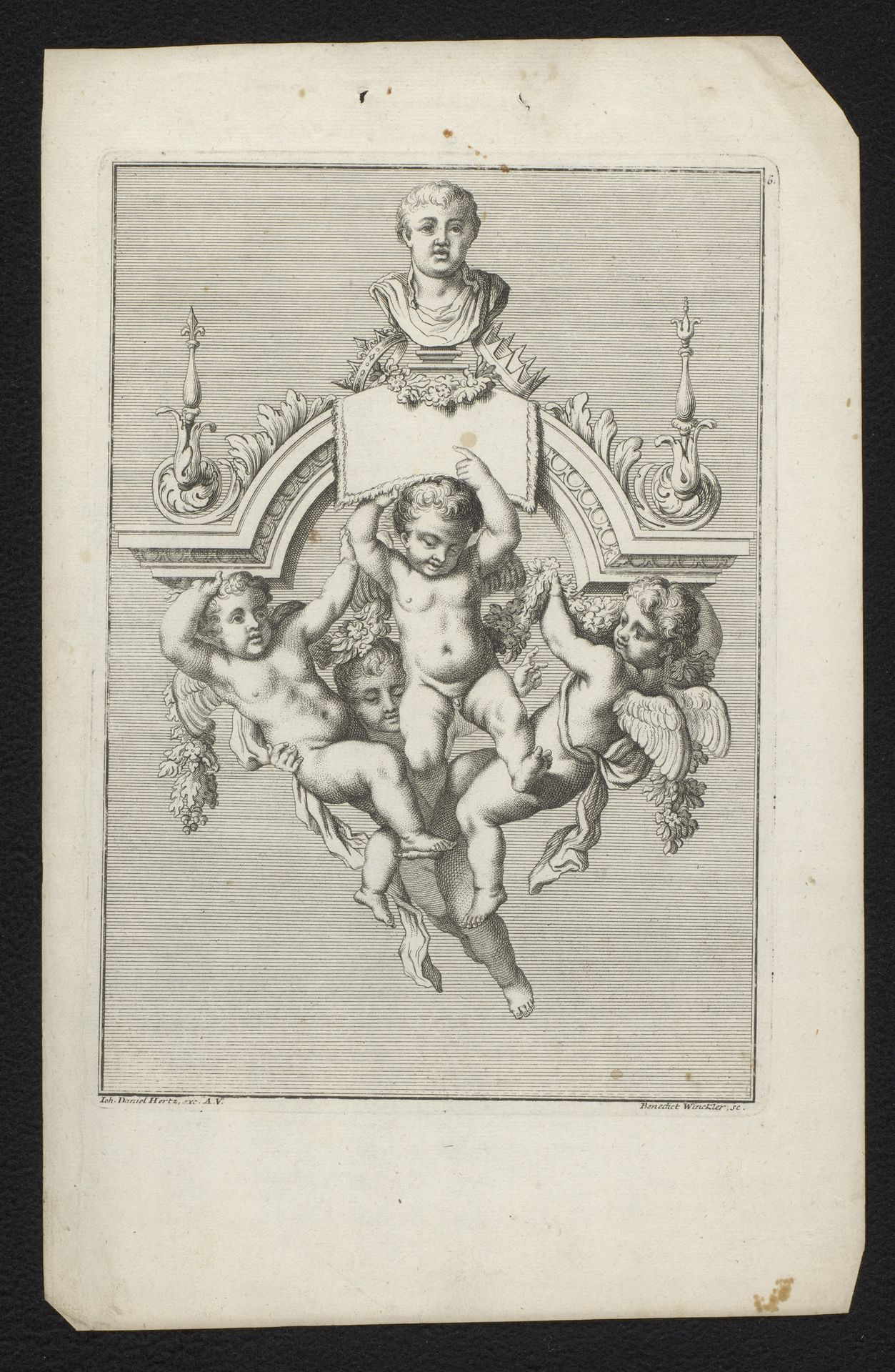 Putti dragen een boog met buste by Benedikt Winkler