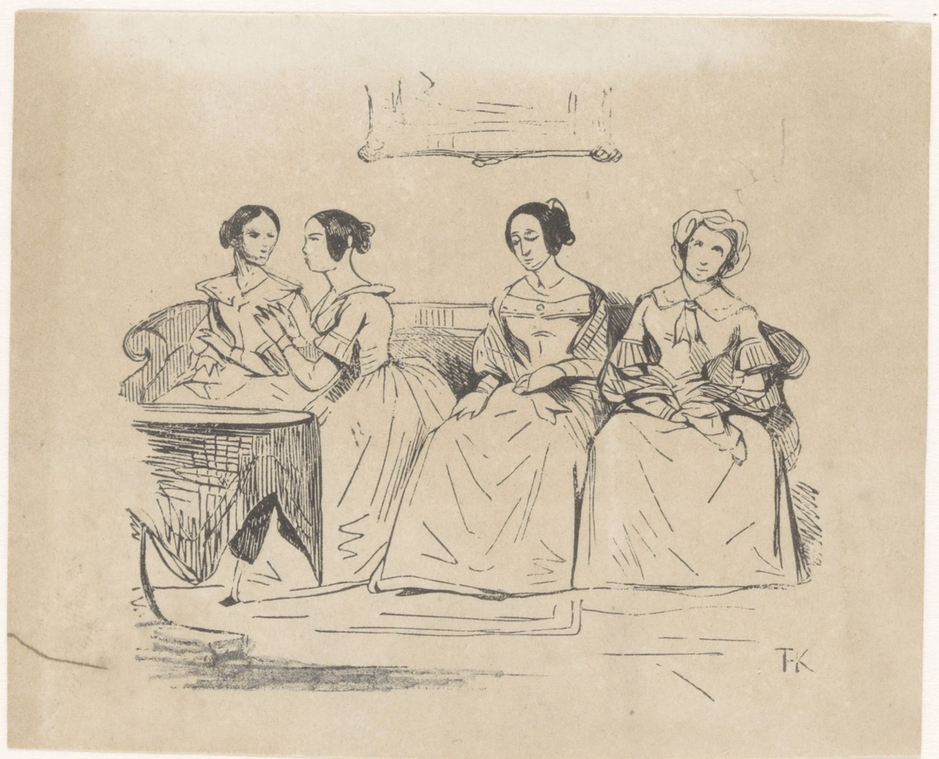 Vier vrouwen op een bankstel by Theodorus Henricus Kerstel