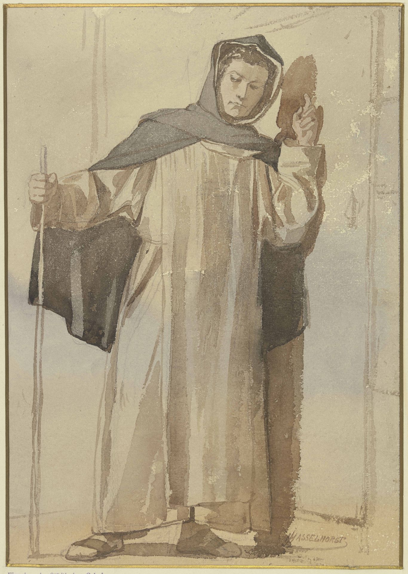Mönch an einer Türe klopfend by Johann Heinrich Hasselhorst