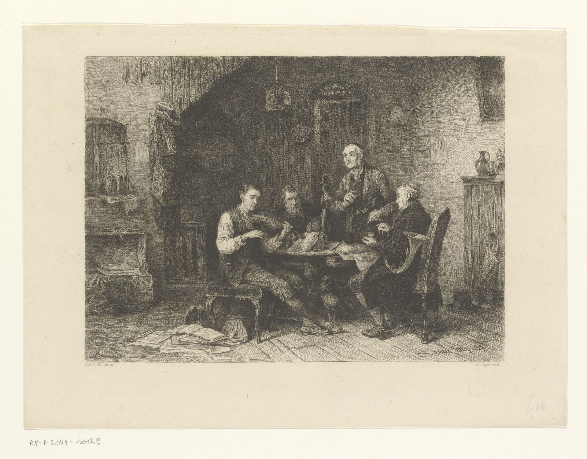 Vier musicerende mannen in een interieur by William Unger