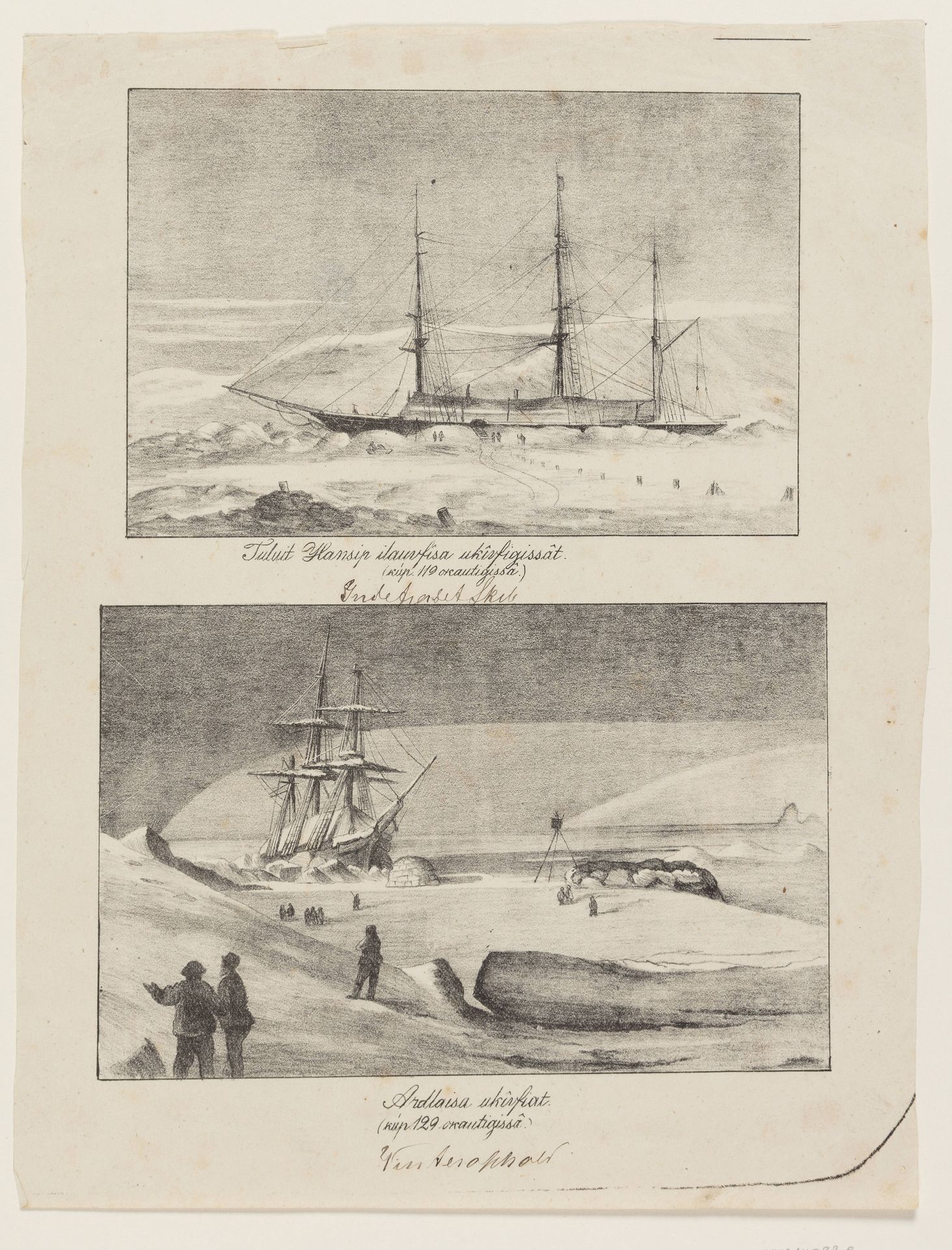 Indefrosset skib ("Tuluit Hansip ilauvfîsa ukîvfigissât"); Indefrosset skib, set forfra ("Ardlaisa ukîvfiat'") by Lars Møller