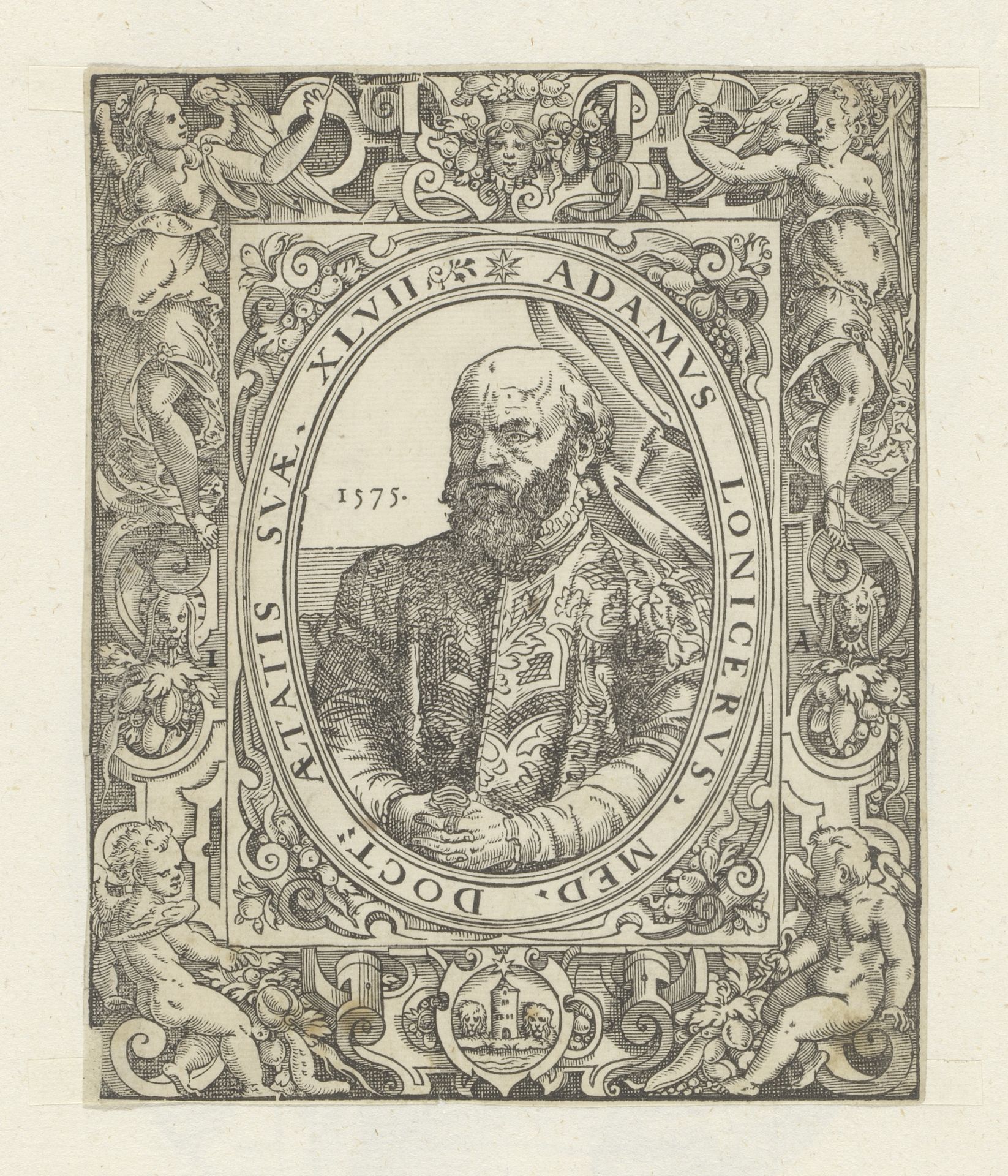 Portret van Adam Lonitzer op 47-jarige leeftijd met ornamentele omkadering by Anonymous