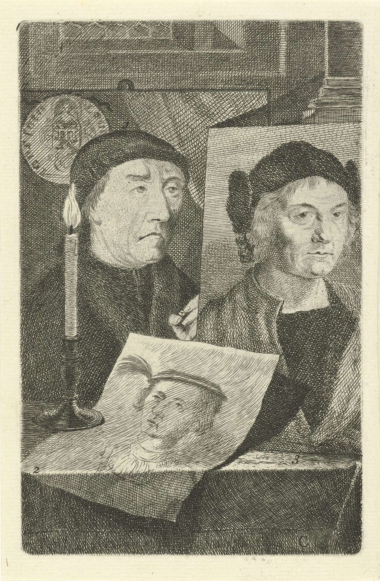 Portretten van Laurens Jansz. Coster, Hugo van der Goes en Albrecht Dürer by Jan l' Admiral