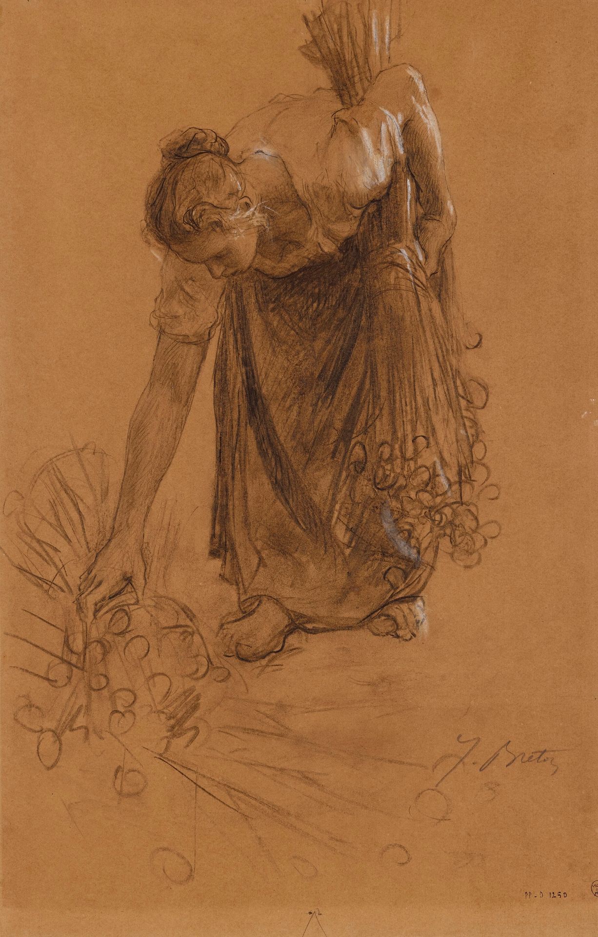 Peasant woman picking up a sheaf of carnations by Jules Breton