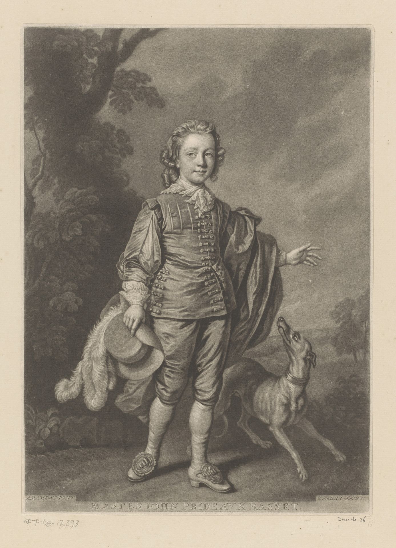 Portret van John Prideaux Bassett met zijn hond by John (II) Faber