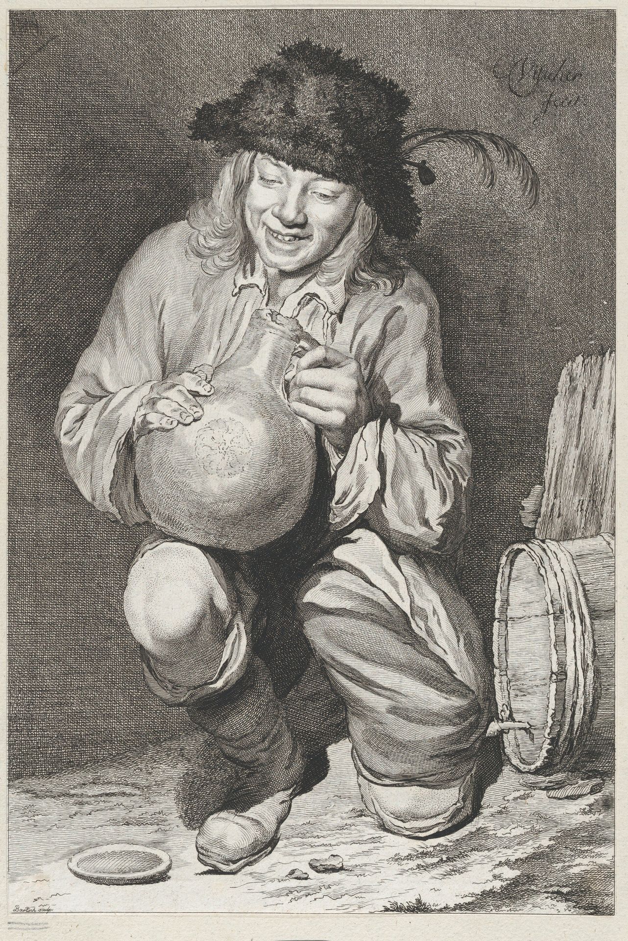 The Joy of the Cellar: kneeling farmer boy holding a jug next to wine barrel by Adam von Bartsch
