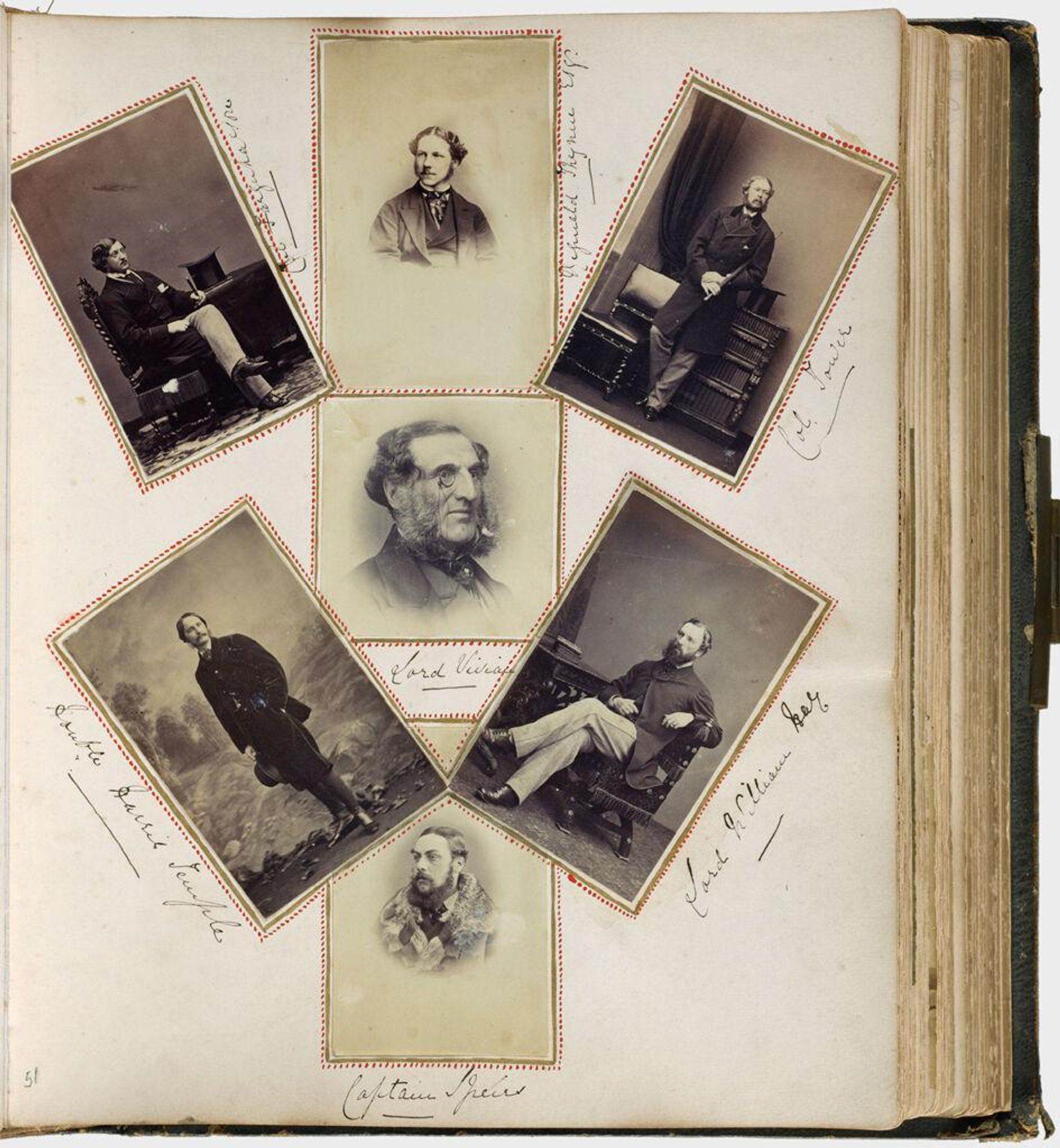 Untitled (seven photographs, clockwise from upper left, Col. Farquharson; Reginald Thynne Esq.; Col. Tower; Lord William Hay; Captain Speirs; Honorable Harris Temple; center, Lord Vivian) by Mary Georgiana Caroline Cecil Filmer