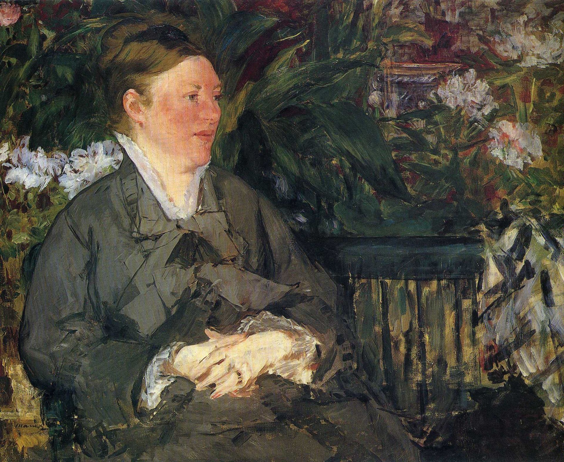 Madame Manet in conservatory by Edouard Manet