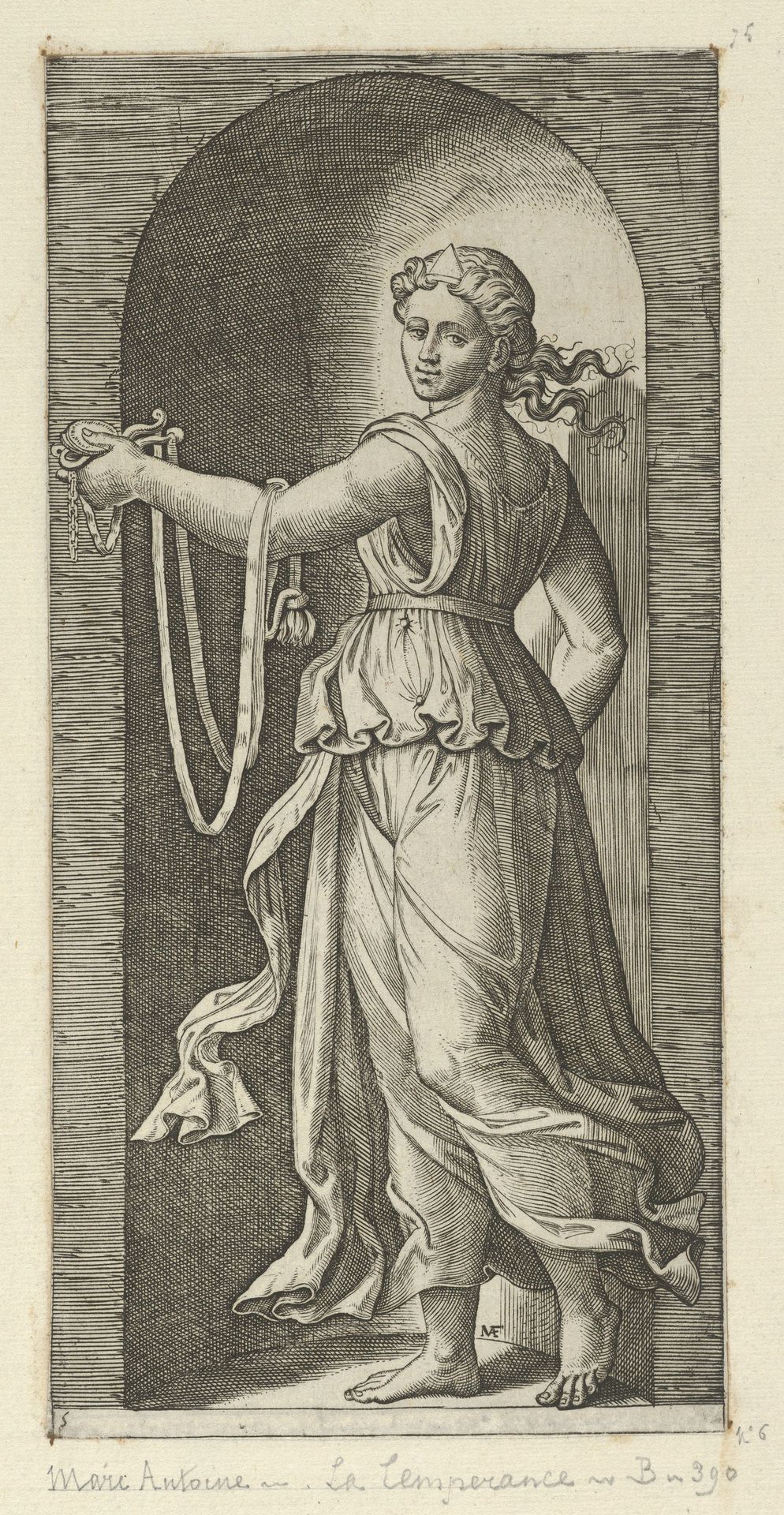 Temperance personfied by a woman standing in a niche holding a bit, from 'The Virtues' by Marcantonio Raimondi