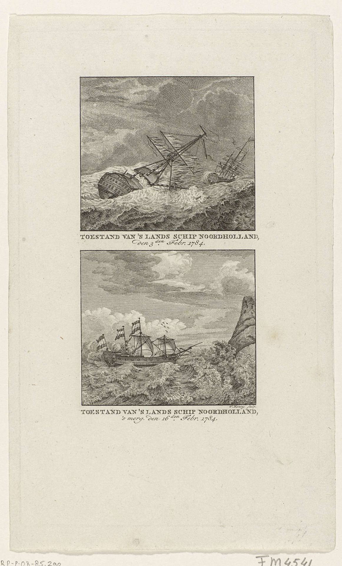 Schip Noord-Holland tijdens en na de storm, 1784 by Theodoor Koning