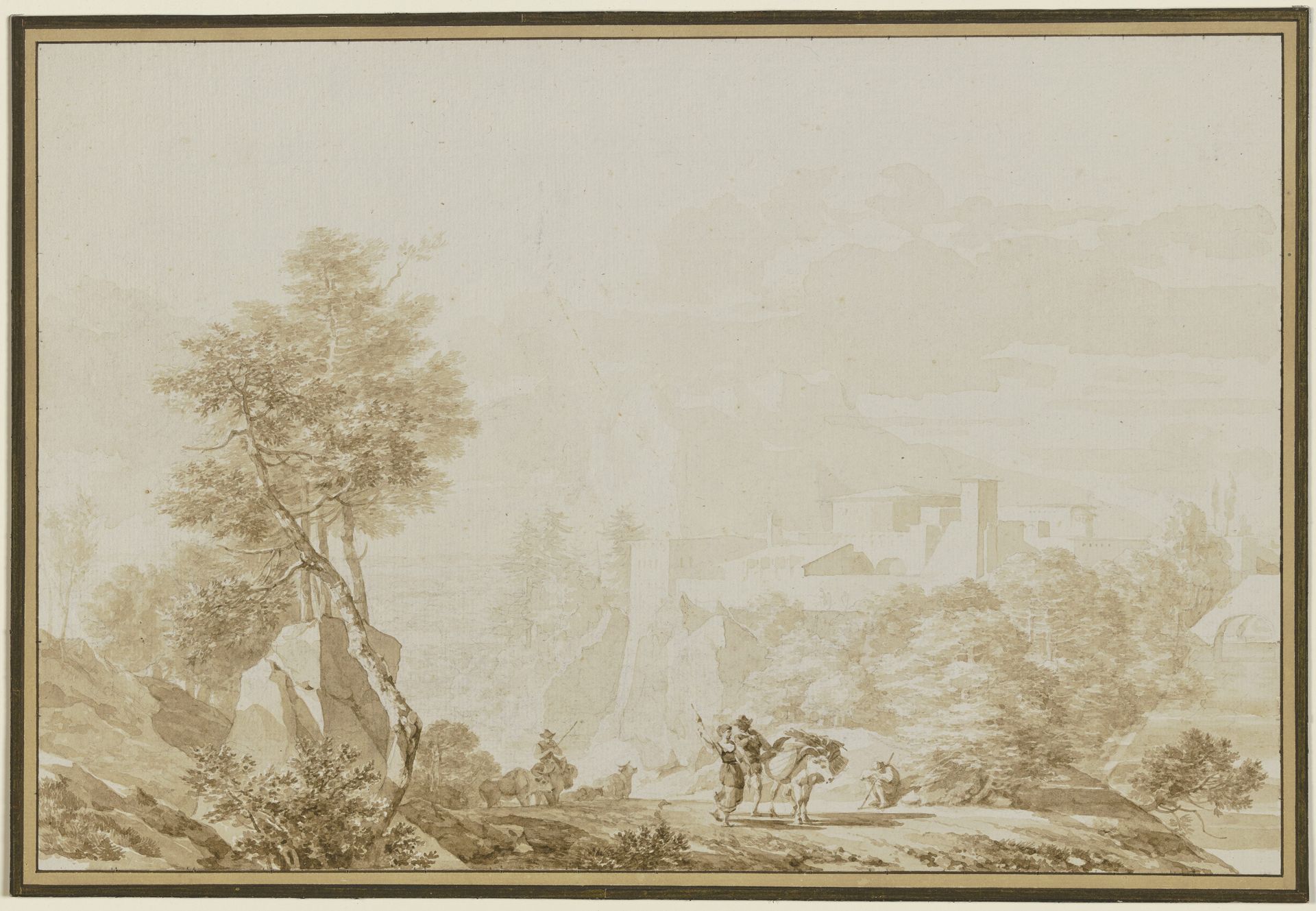 Italienische Landschaft mit einem Eseltreiber und einer Frau mit Spinnrocken by R. F. Taunay