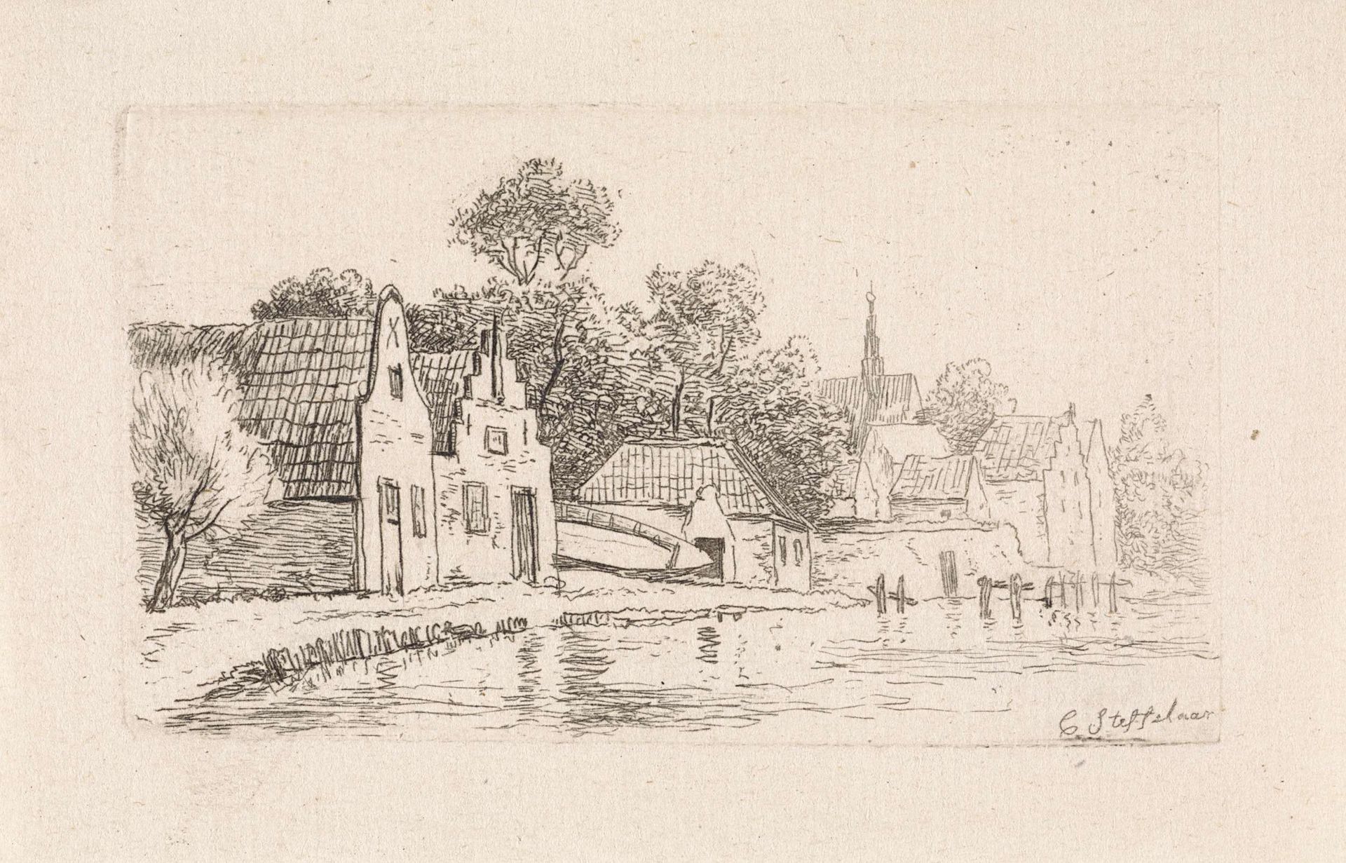 Dorp langs het water by Cornelis Steffelaar