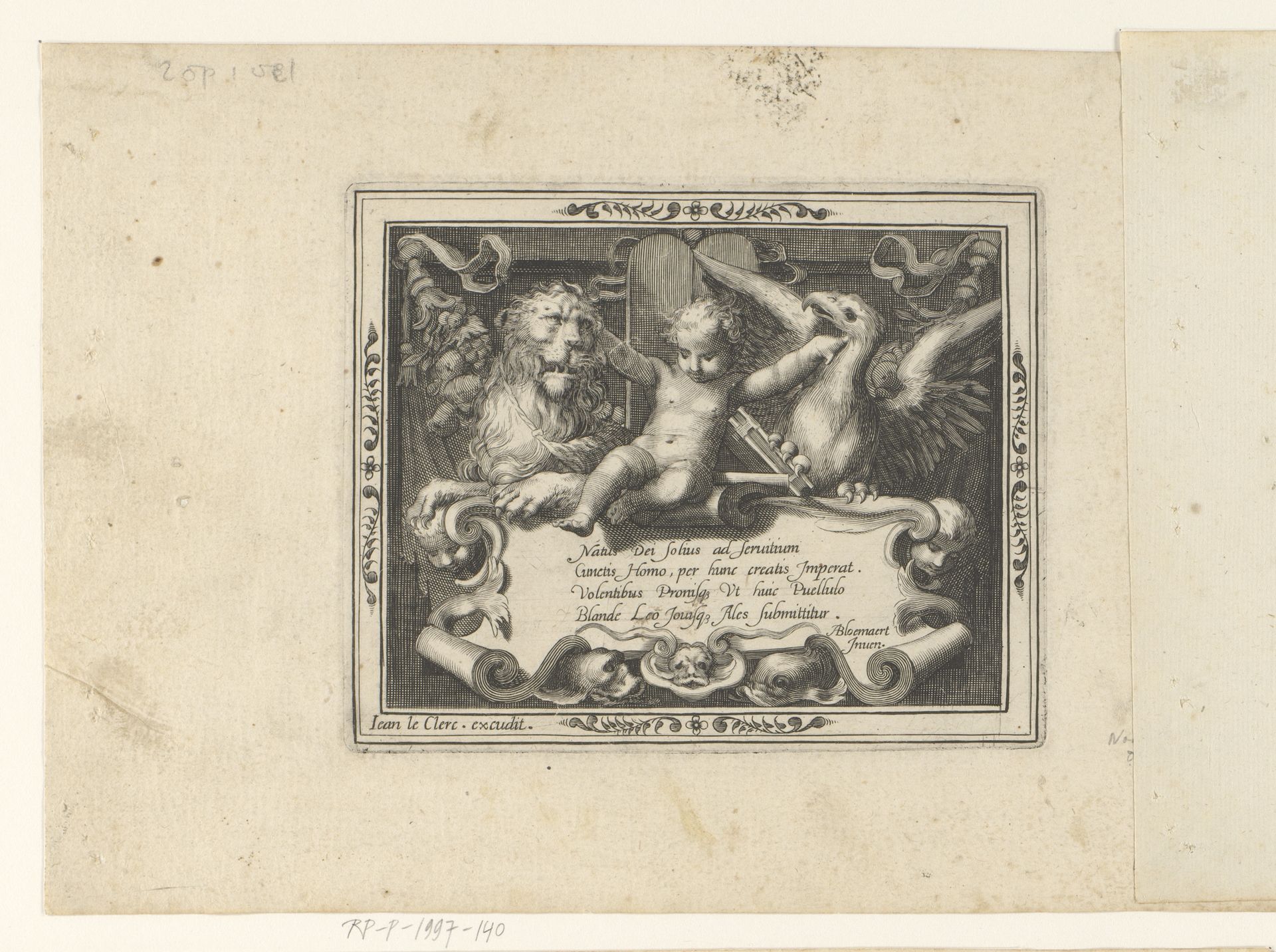 Titelprent met een putto tussen een leeuw en een adelaar boven een cartouche by Jean Leclerc