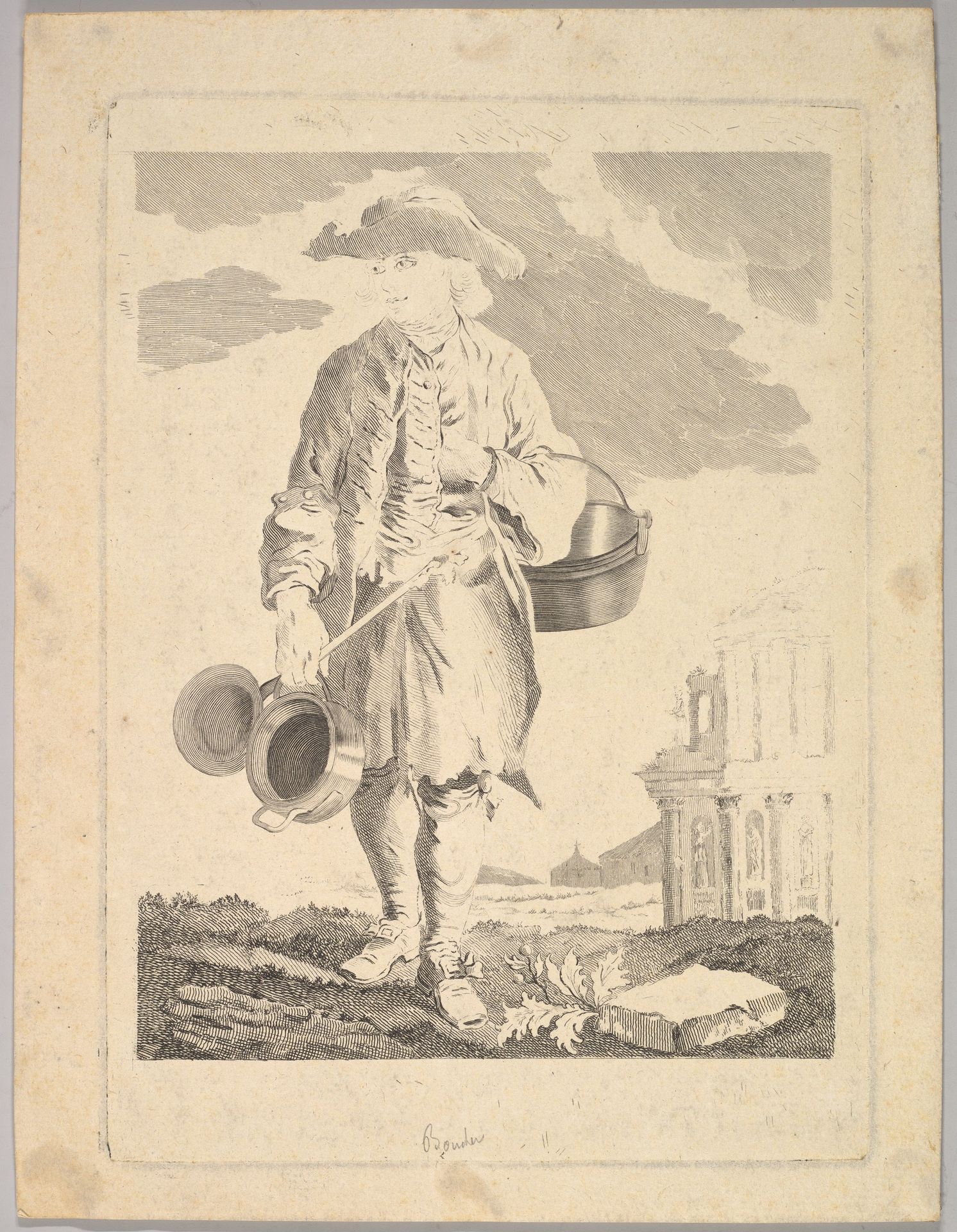 Standing man holding kettles by Anonymous