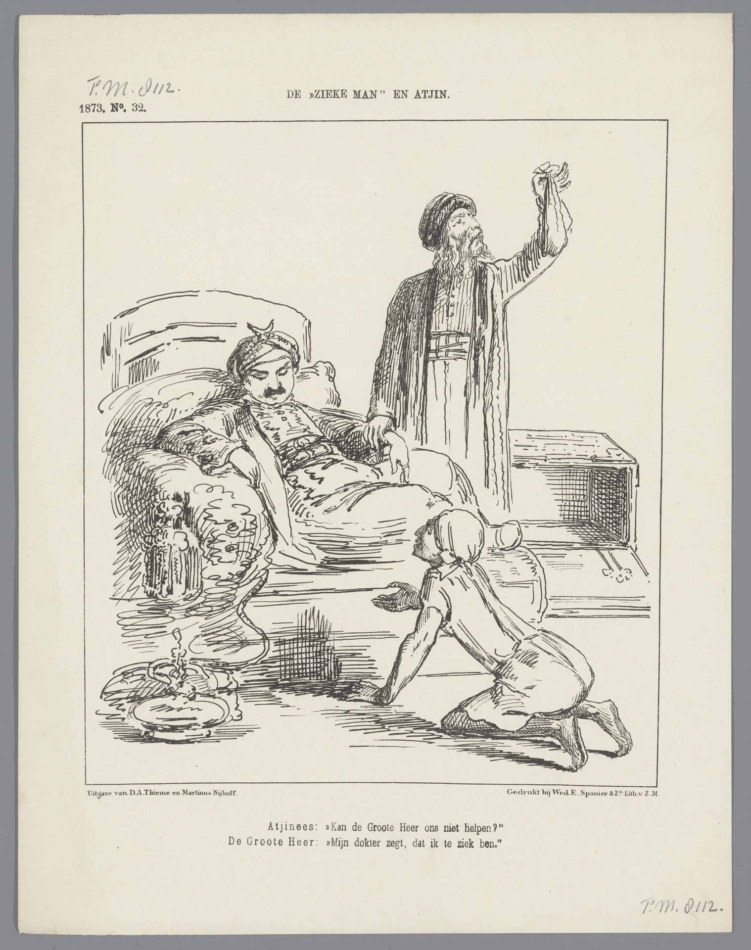 Spotprent op de zoektocht naar buitenlandse steun door Atjeh, 1873 by Johan Michaël Schmidt Crans