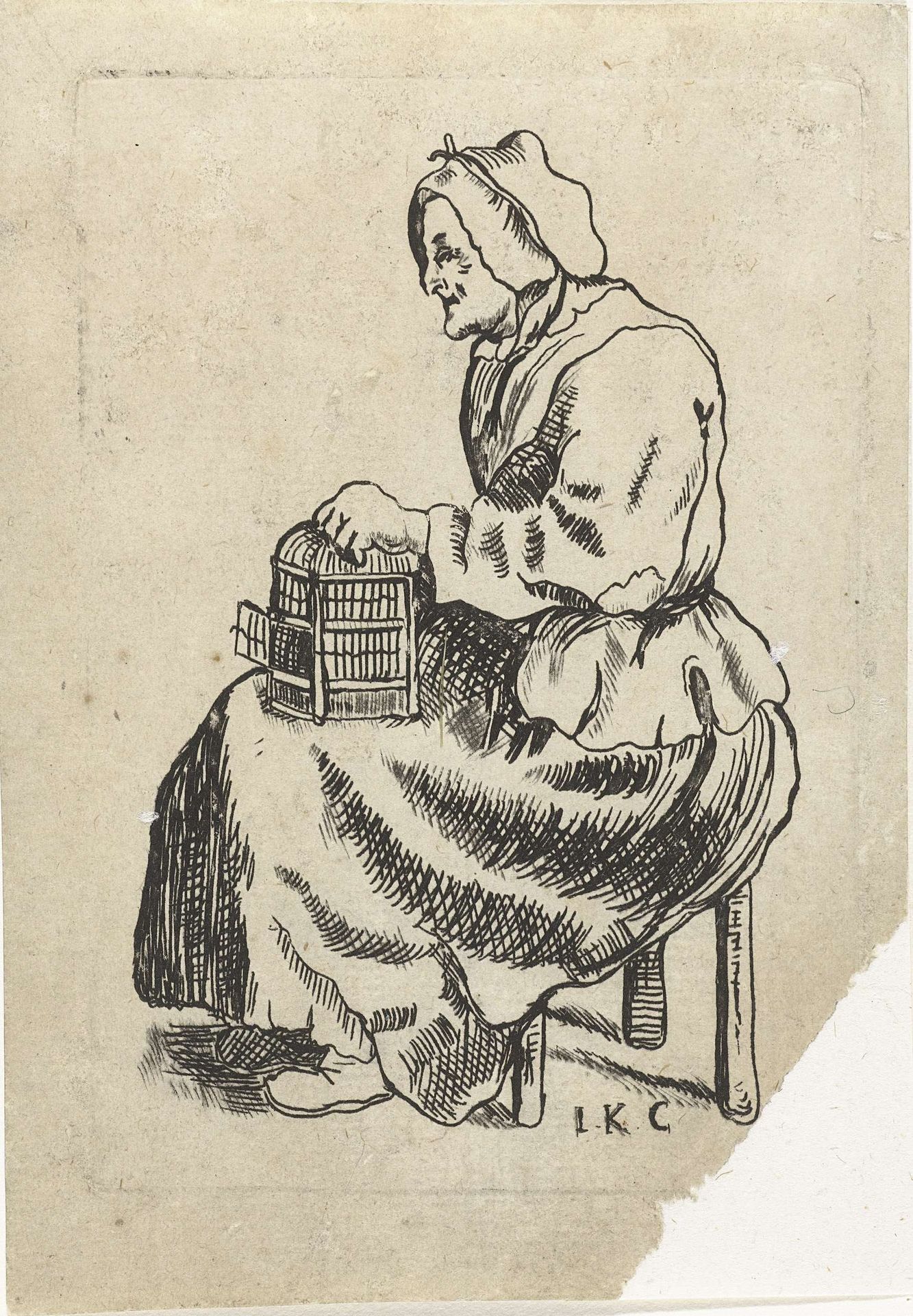 Oude vrouw met open vogelkooi by Johan Antoni Kauclitz Colizzi