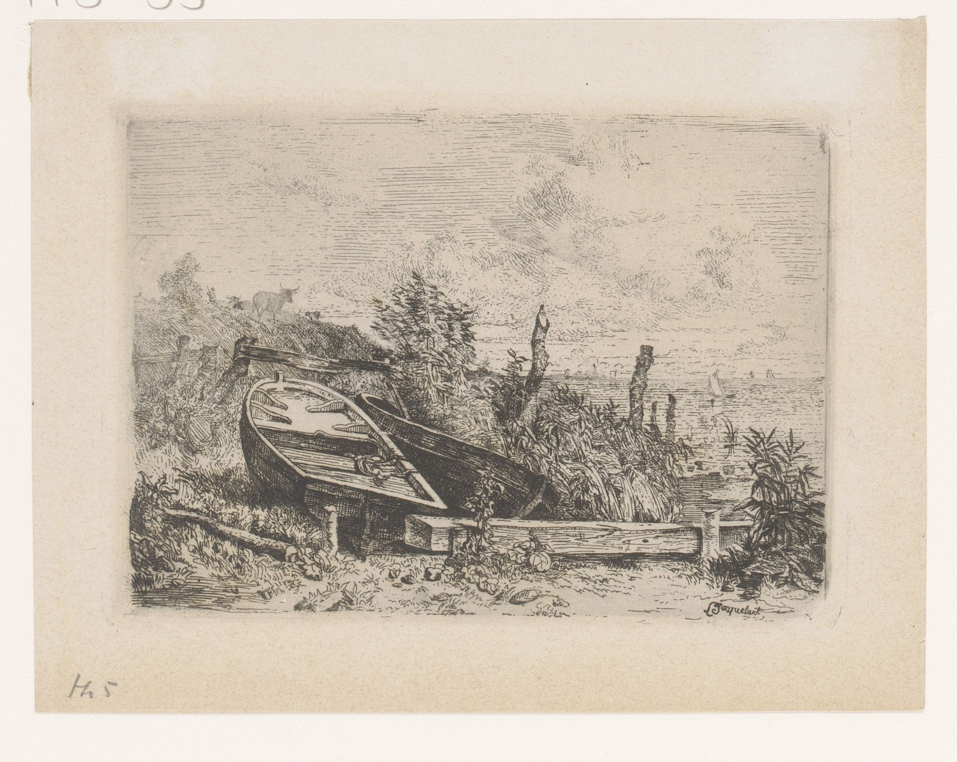 Twee roeiboten op de kant naast een rivier by Lambert Jacquelart