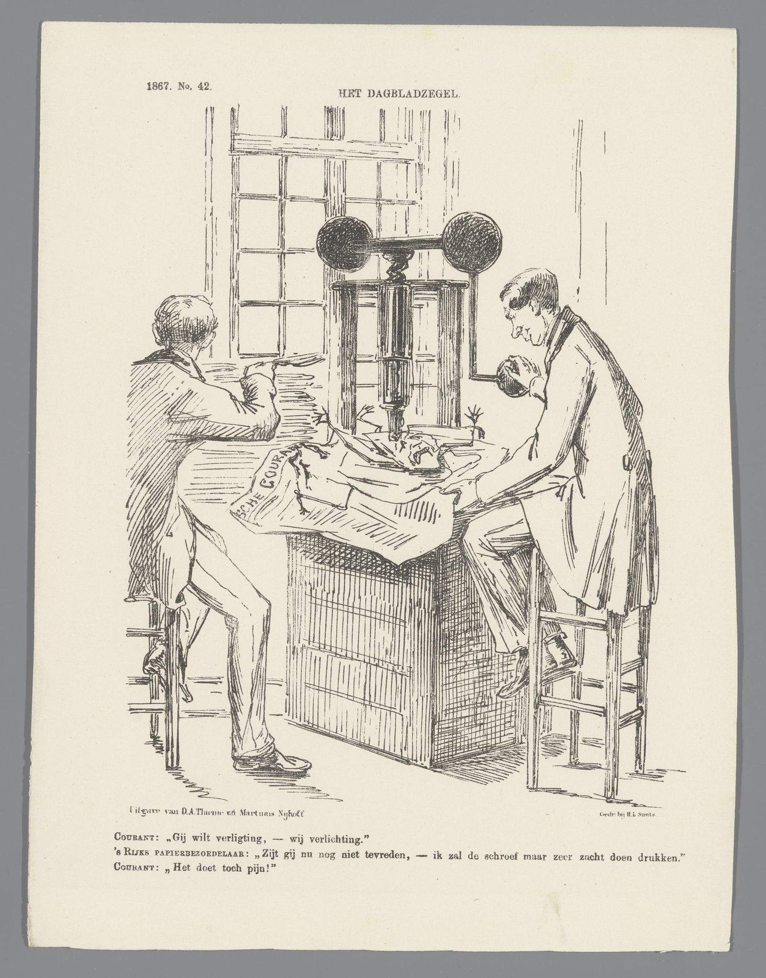 Spotprent op de verlaging van het dagbladzegel, 1867 by Johan Michaël Schmidt Crans