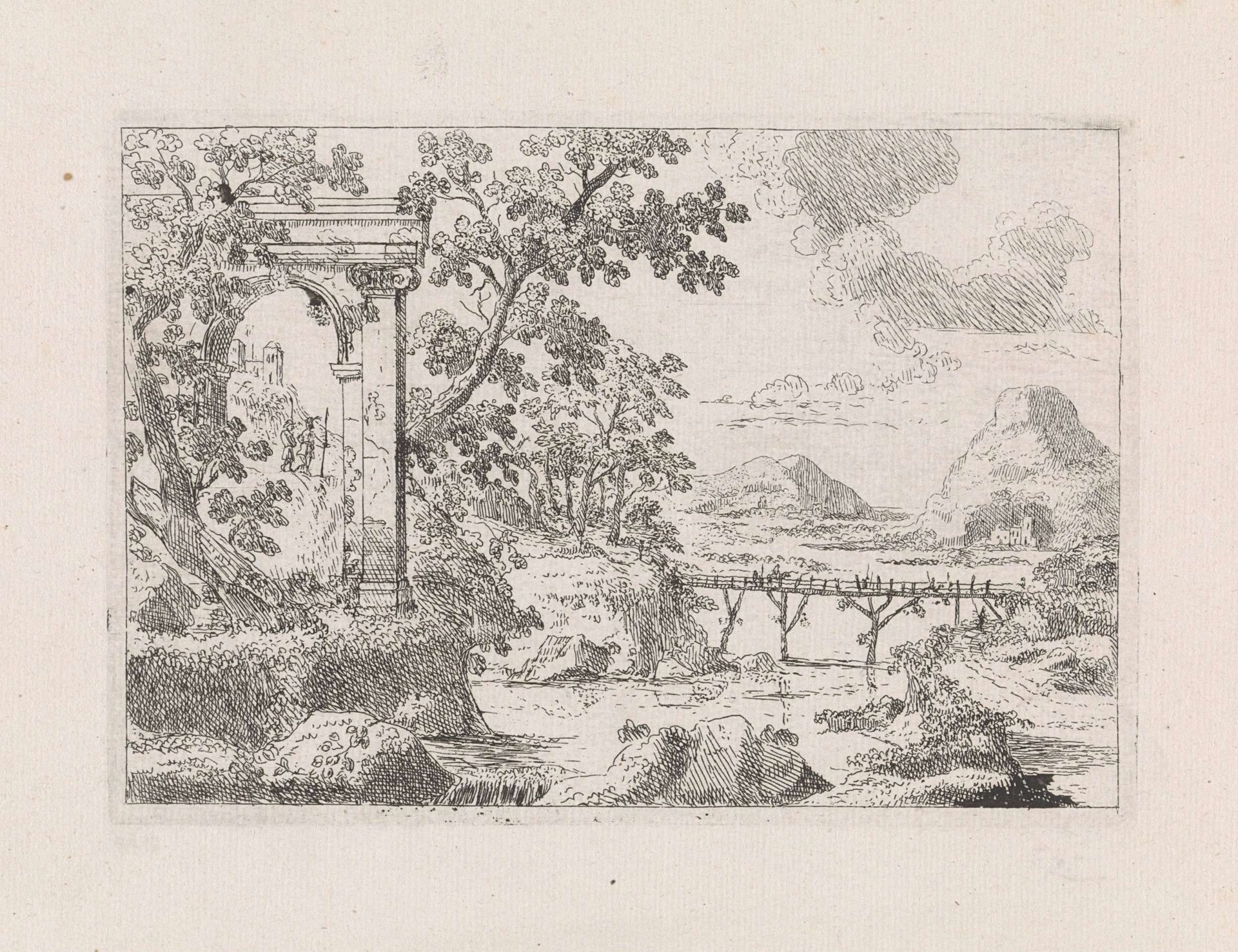 Rivierlandschap met houten brug by Pieter (I) Langendijk