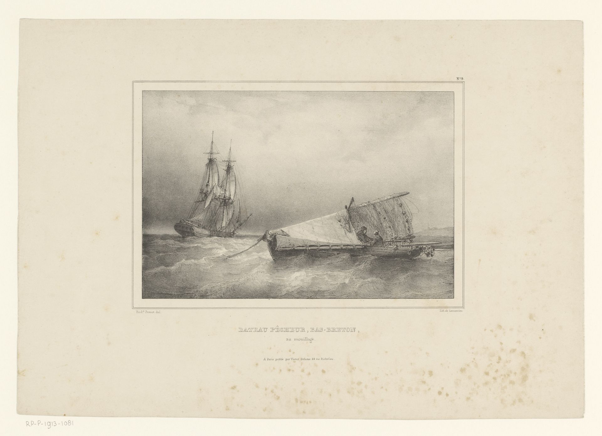 Vissersboot en zeilschip voor anker by Ferdinand Victor Perrot