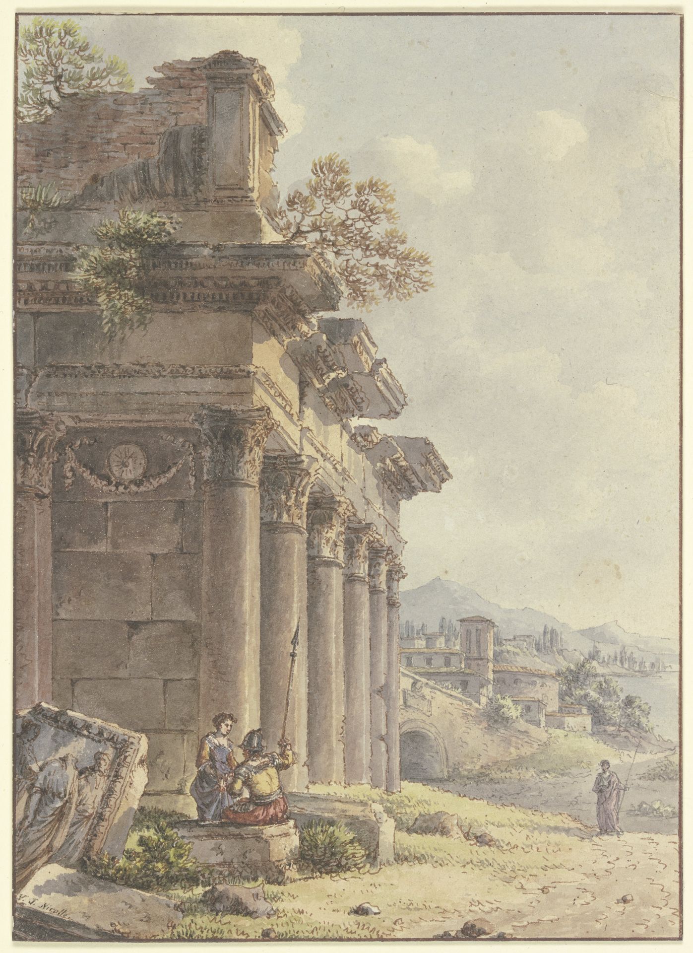 Architektonisches Capriccio_ Ruinen einer Tempelfassade, im Hintergrund Landschaft mit Gebäuden und Seebucht by Victor Jean Nicolle