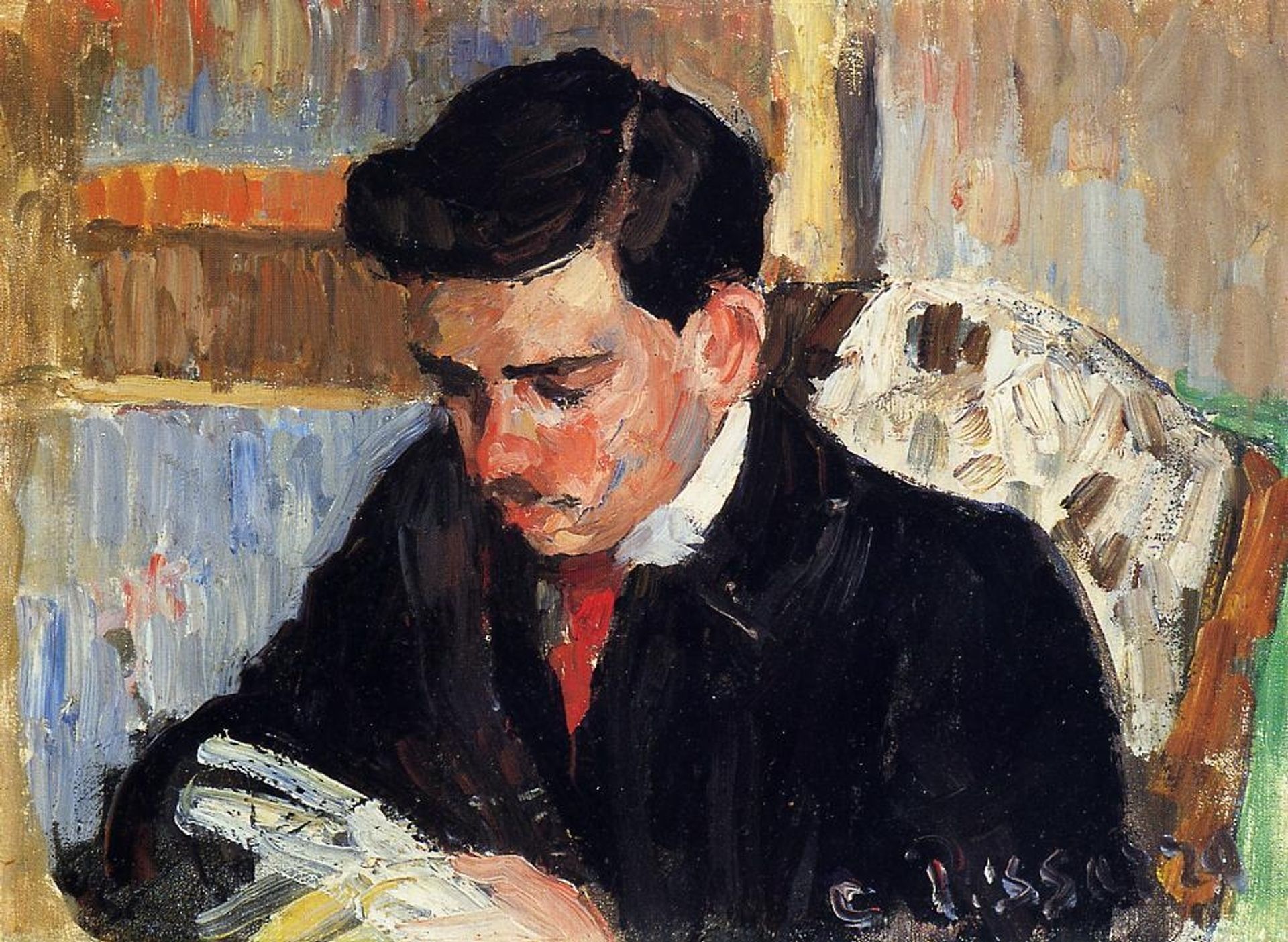 Portrait of Rodo Pissarro Reading by Camille Pissarro