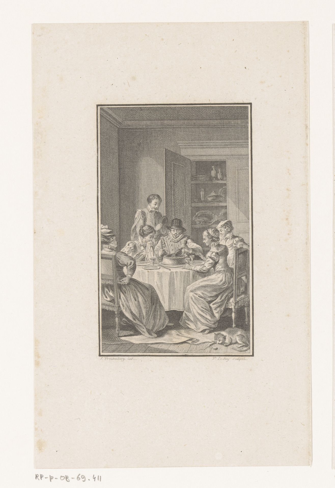 Interieur met man en vier vrouwen aan een tafel gezeten by Jacques Le Roy