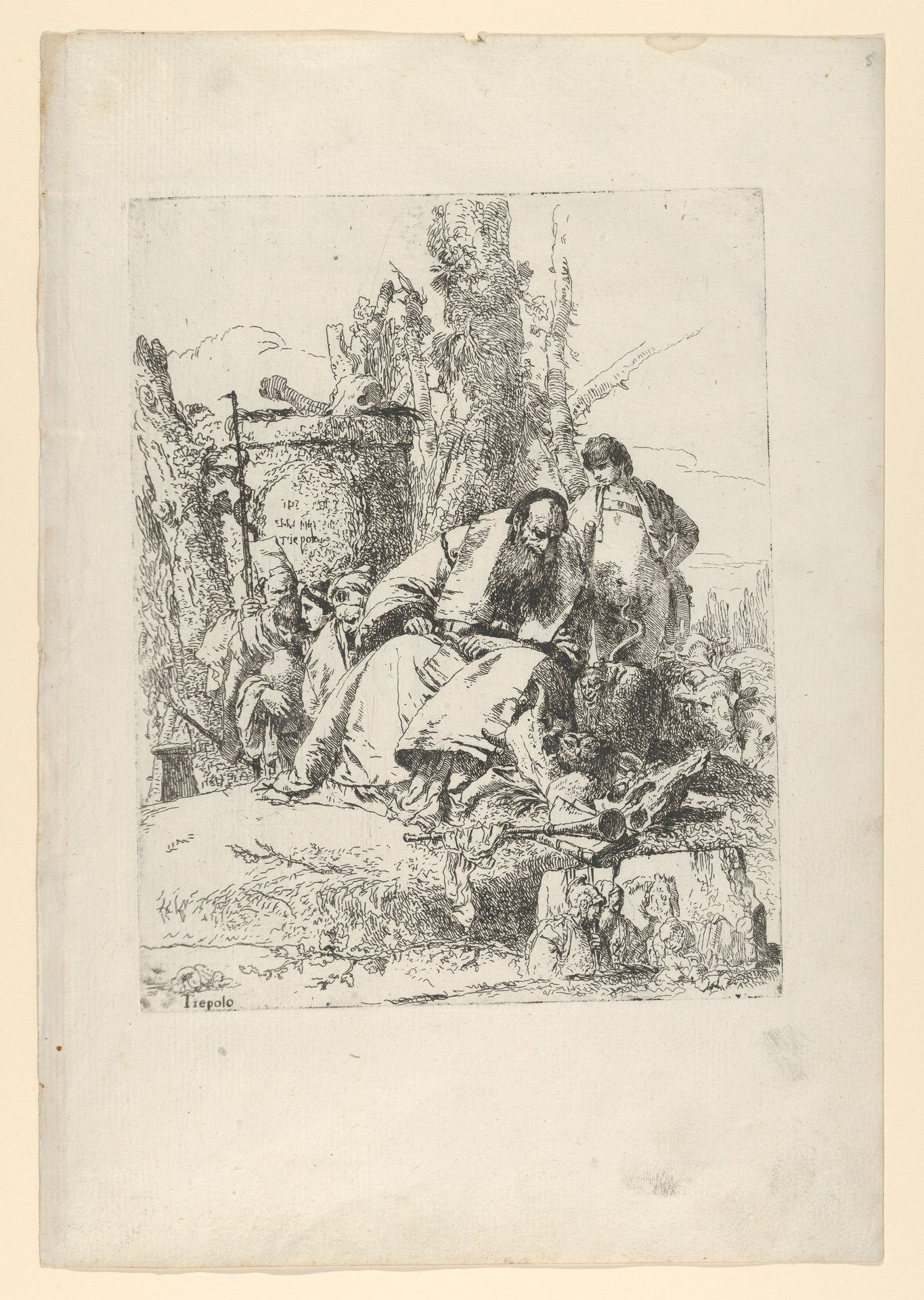Seated magician, boy and four figures from the Scherzi di Fantasia by Giovanni Battista Tiepolo