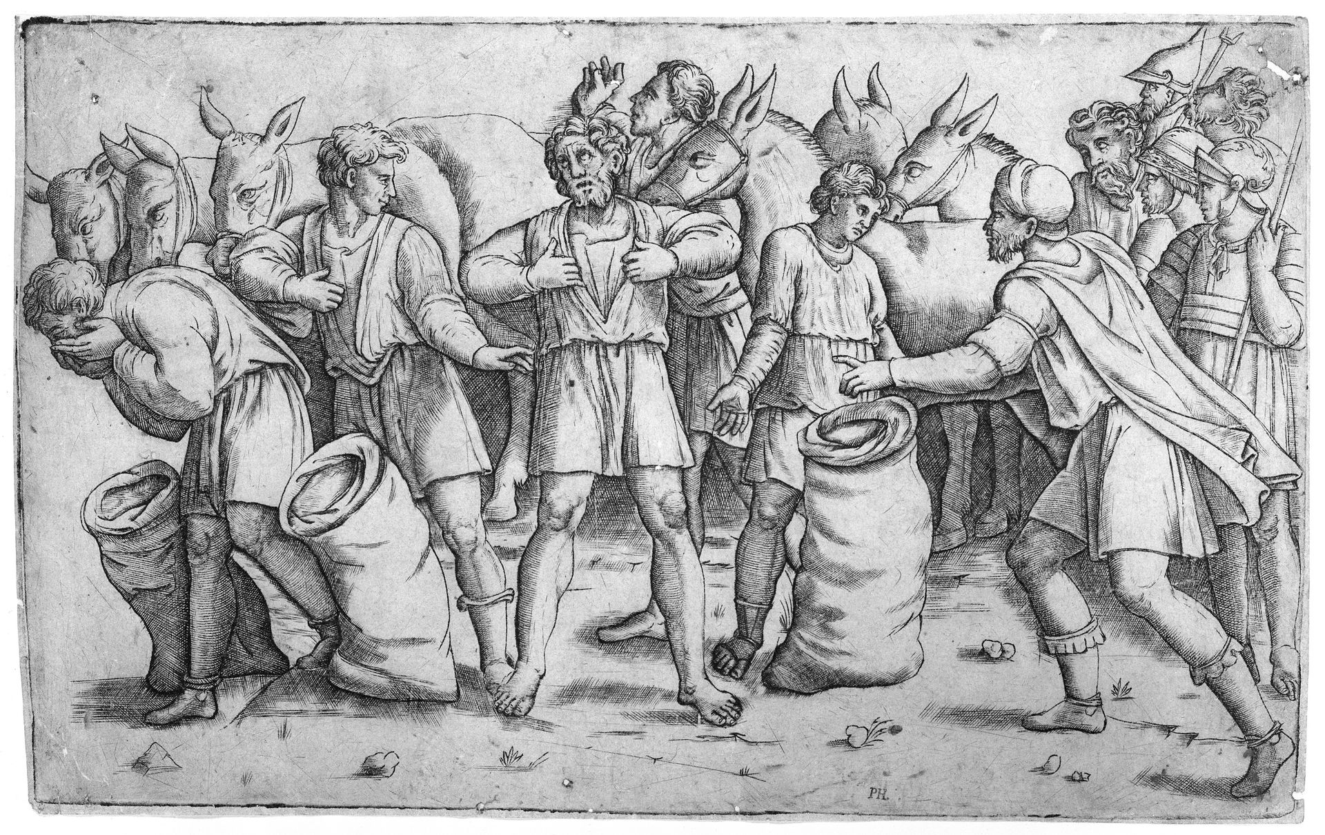 Joseph's cup found in Benjamin's sack from the biblical story of Joseph (Genesis 44); a scene with soldiers, mules and various figures by Giovanni Antonio da Brescia