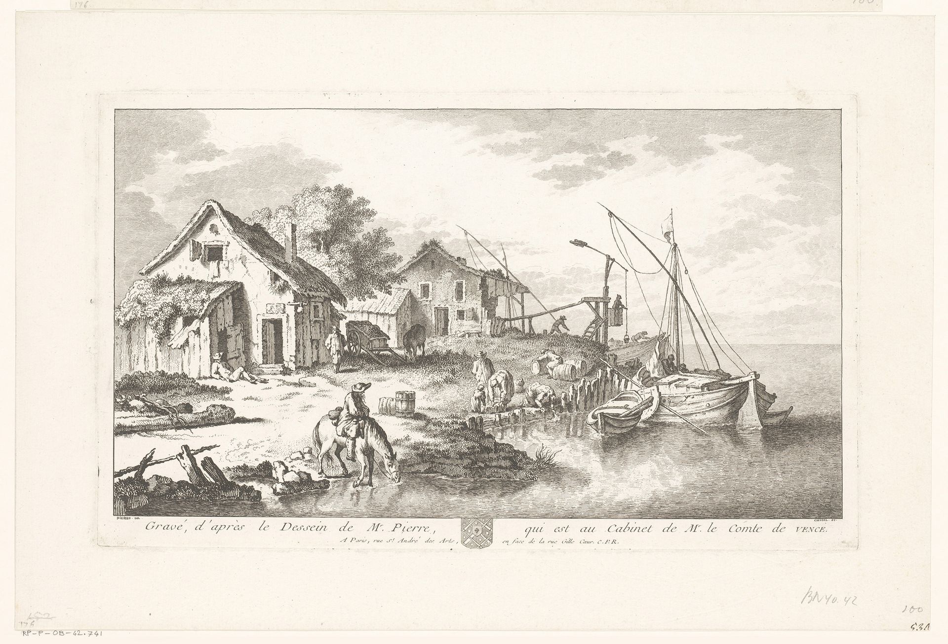 Landschap met twee huizen en bedrijvigheid aan een kade by Quentin Pierre Chedel