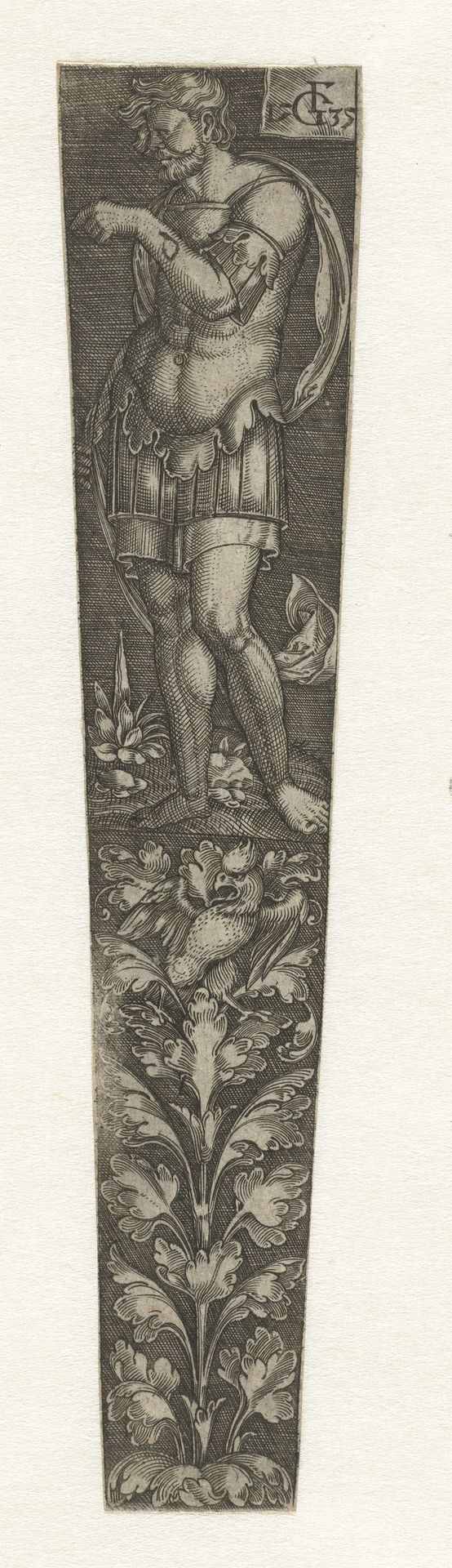 Ornament met vogel en staande man by Monogrammist FG