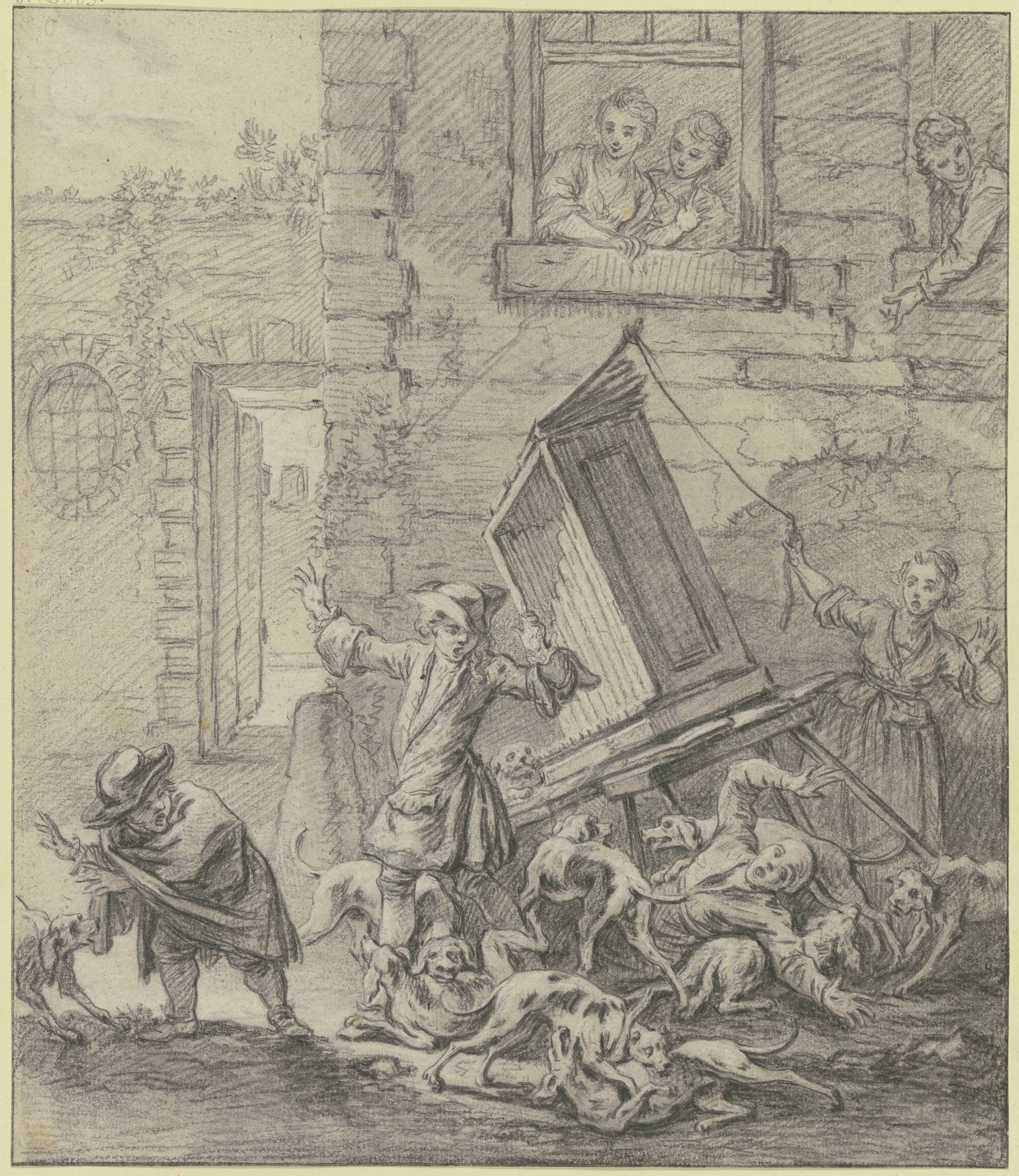 Orgelleute werden von beißenden Hunden über den Haufen geworfen by William Hogarth