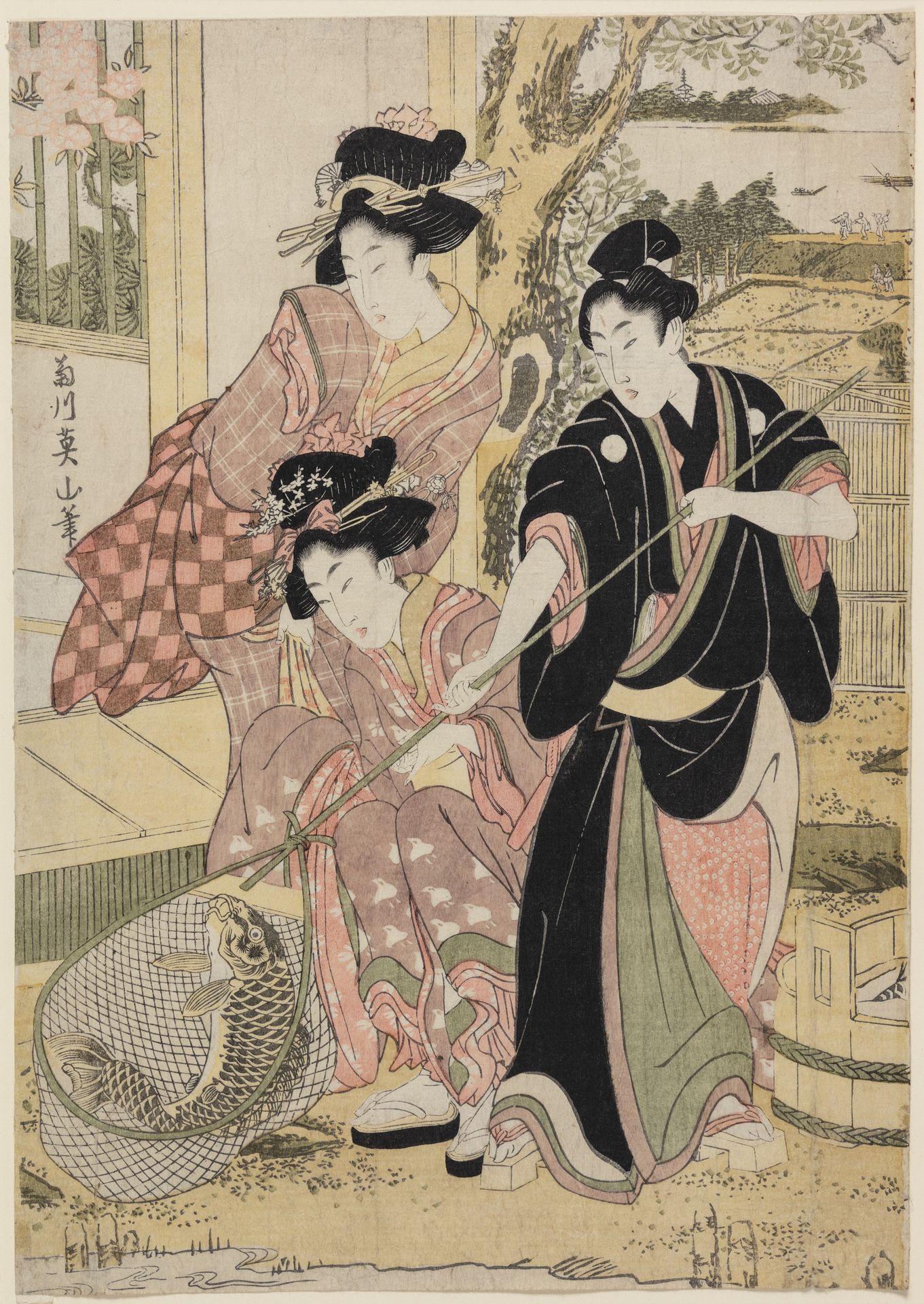Ung mand og to kvinder fanger en karpe ved et hus nær Sumida-floden by Kikugawa Eizan
